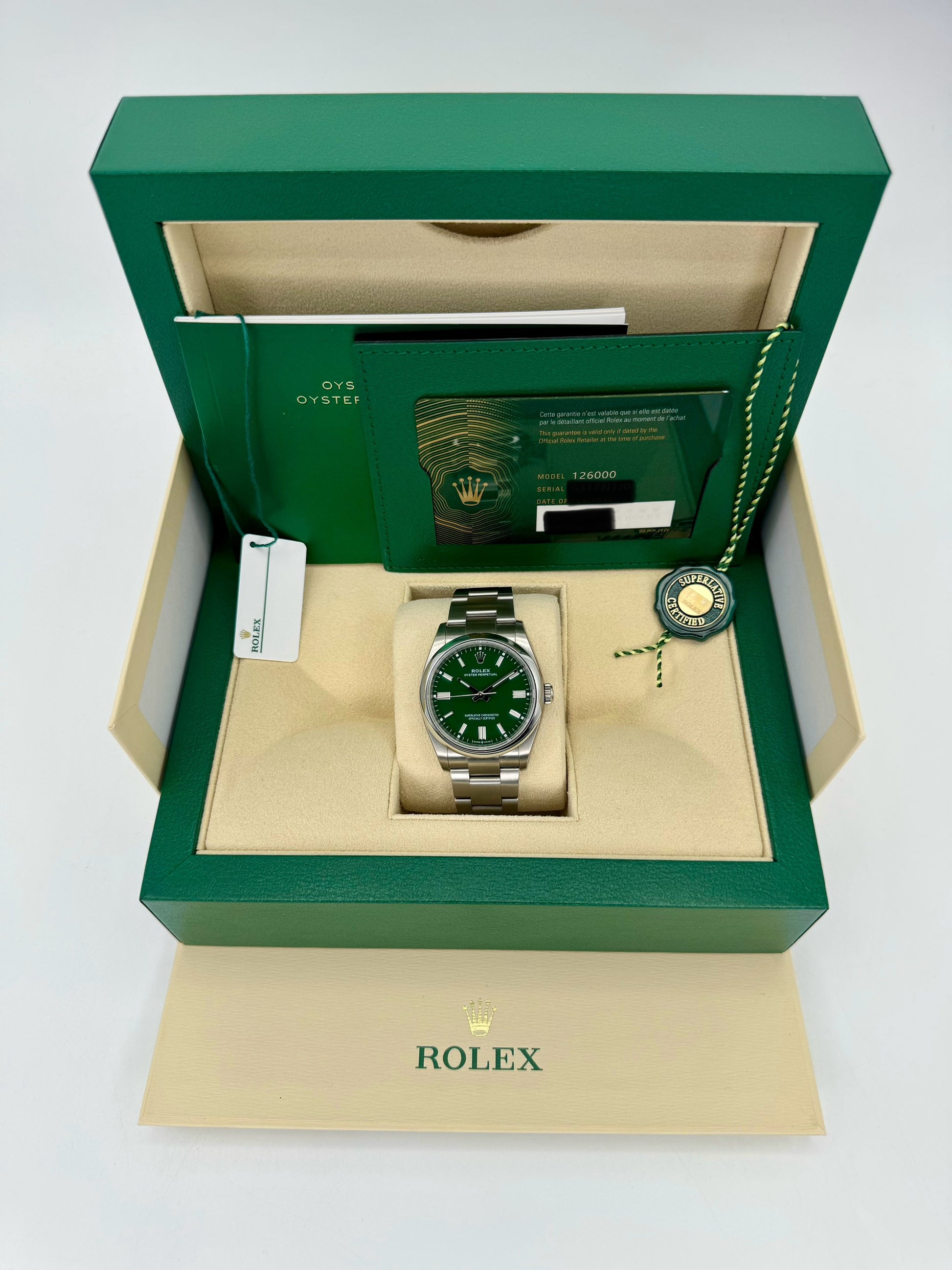 NEW 2023 Rolex Oyster Perpetual 36mm 126000 Stainless Steel Green Dial - MyWatchLLC