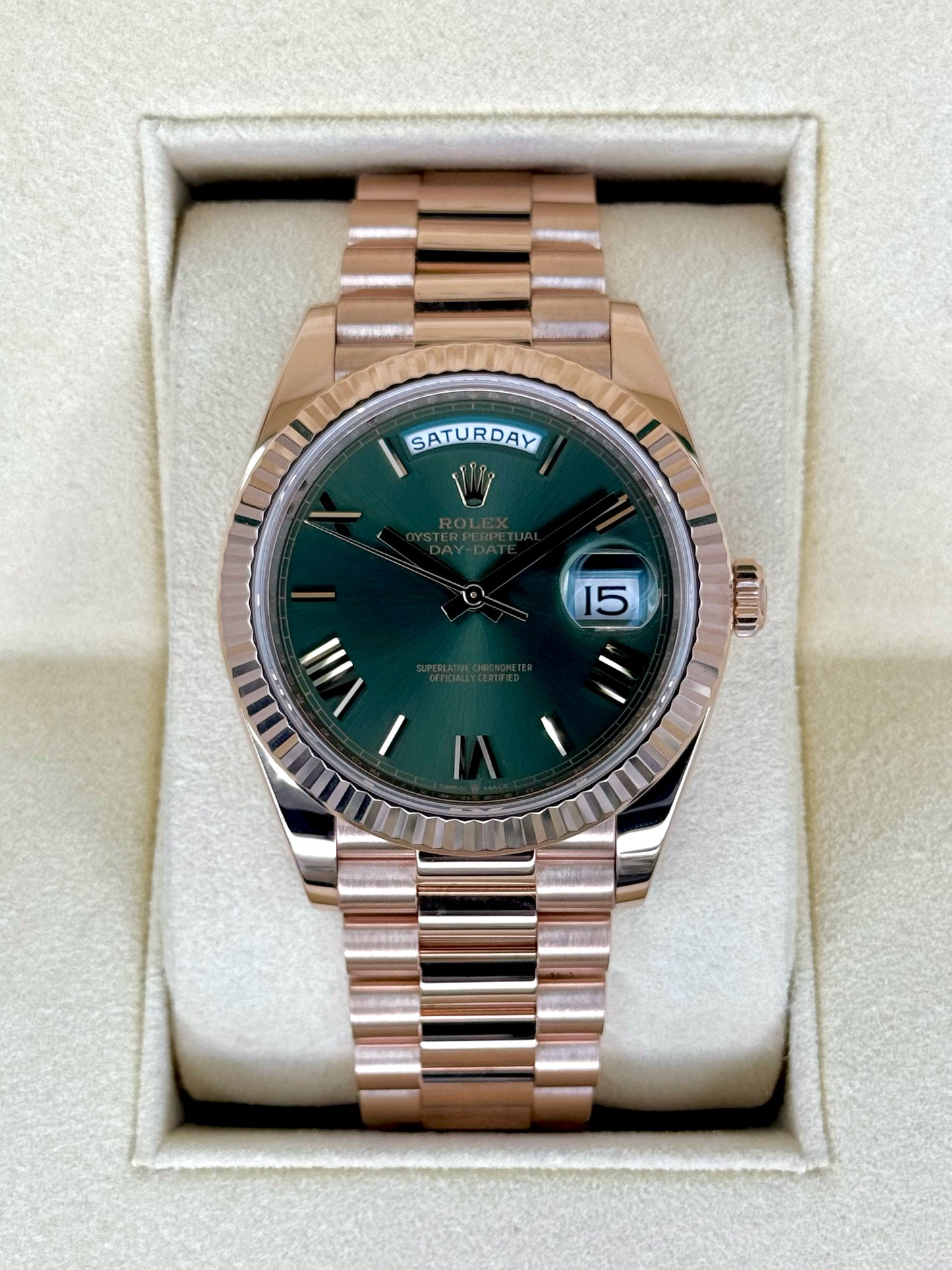 2019 Rolex Day-Date 40mm 228235 Presidential Rose Gold Olive Dial