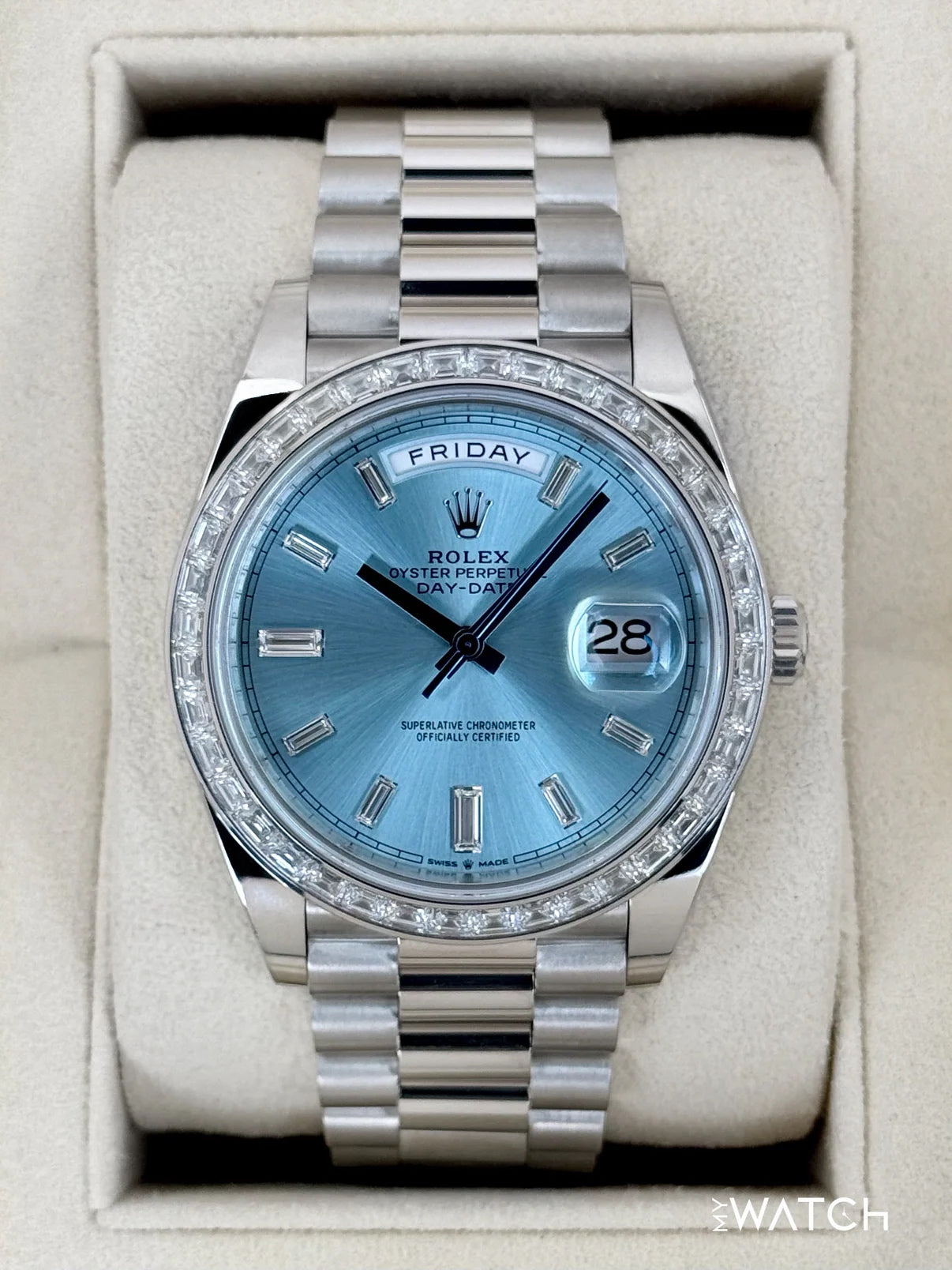 2023 Rolex Day-Date 40mm 228396TBR Ice Blue Diamond Baguette Dial
