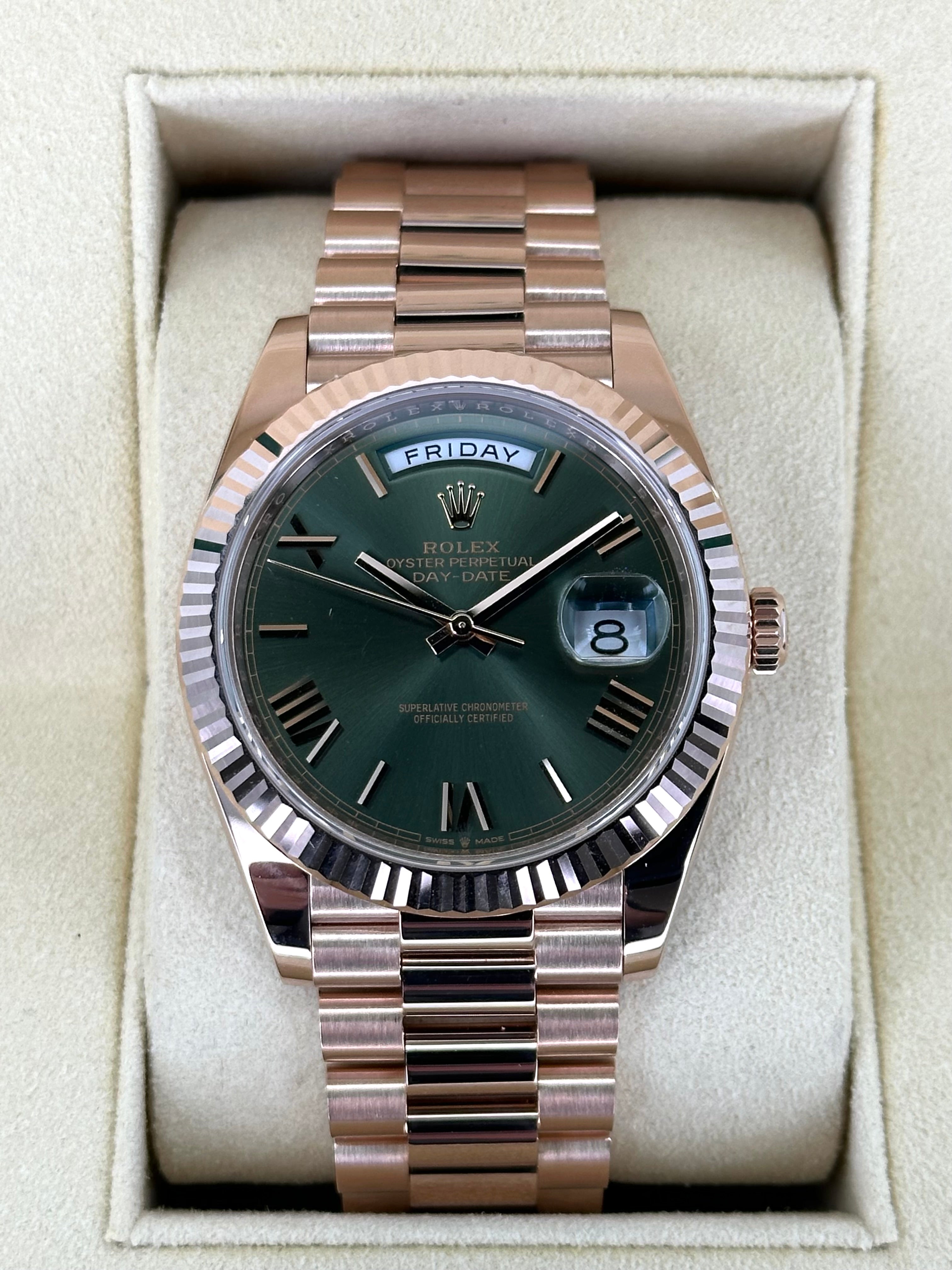 2019 Rolex Day Date 40mm 228235 Rose Gold Presidential Olive Dial