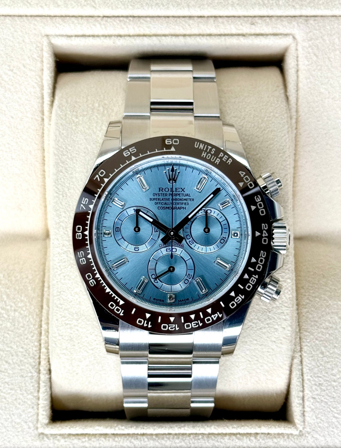 NEW Rolex Daytona 40mm 116506 Platinum Ice Blue Diamond Baguette Dial