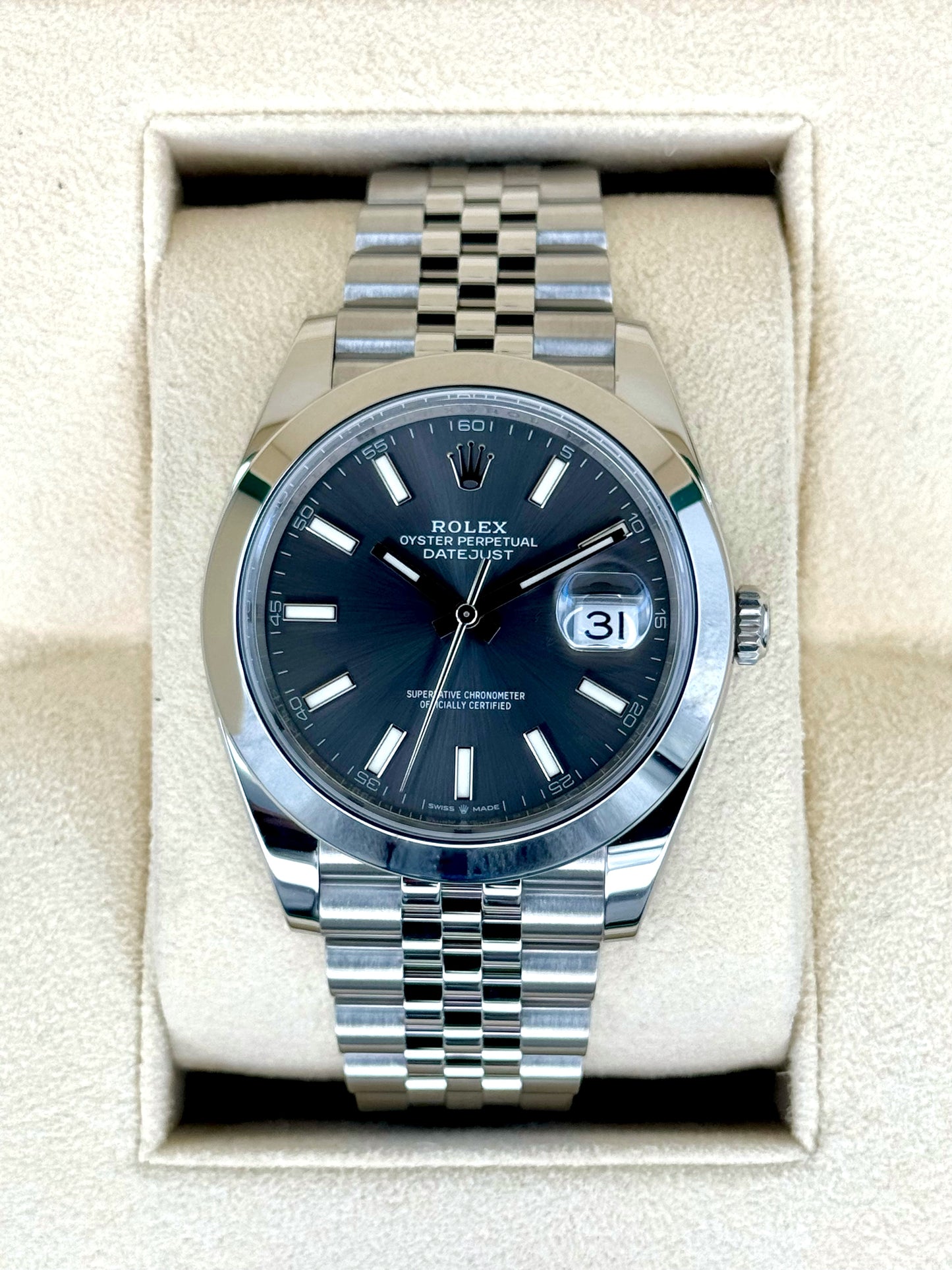 Rolex 2023 Datejust 41mm 126300 Stainless Steel Jubilee Rhodium Dial