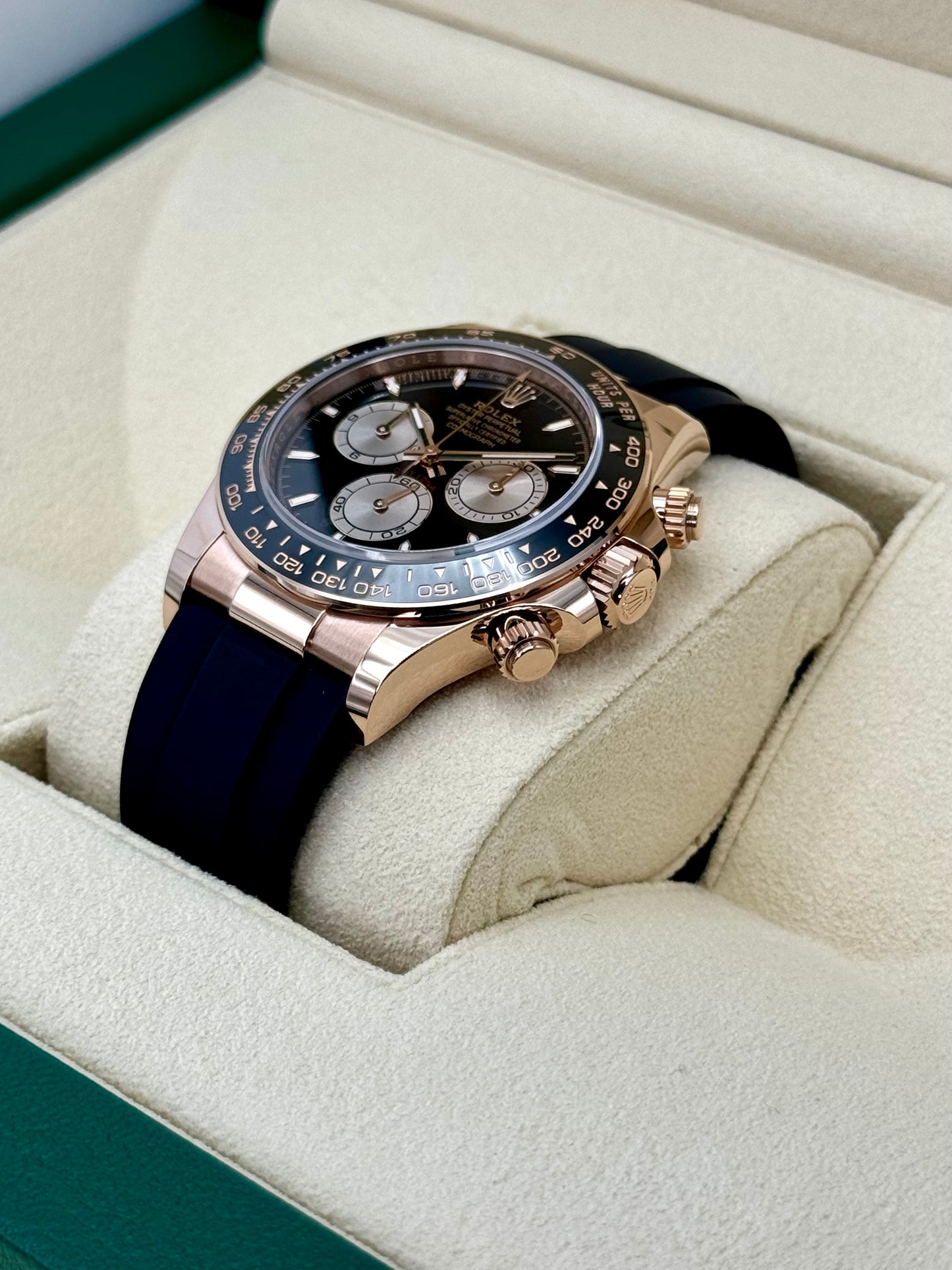 NEW 2024 Rolex Daytona 40mm 126515LN Rose Gold Oysterflex Black Dial Dial