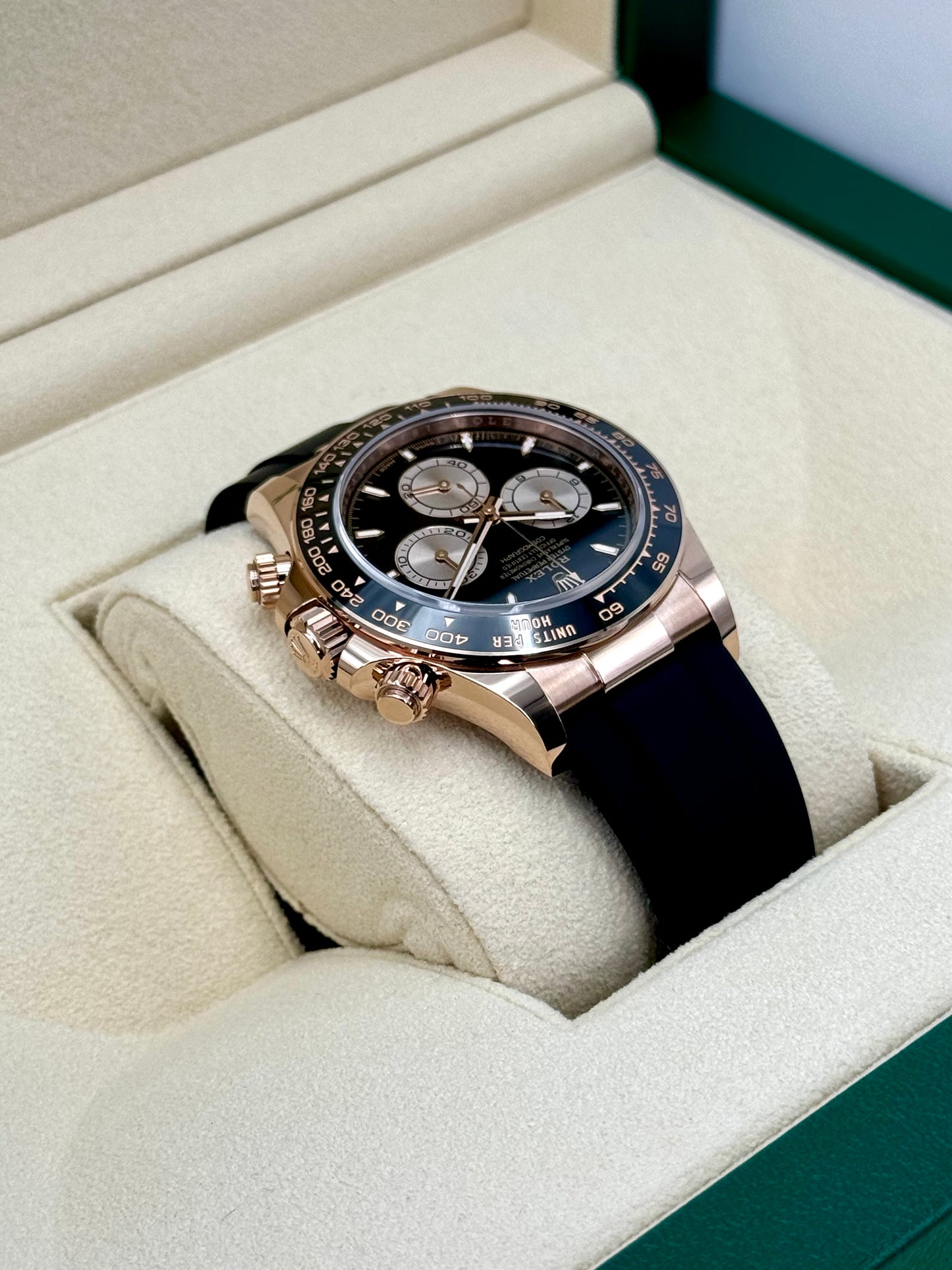 NEW 2024 Rolex Daytona 40mm 126515LN Rose Gold Oysterflex Black Dial Dial