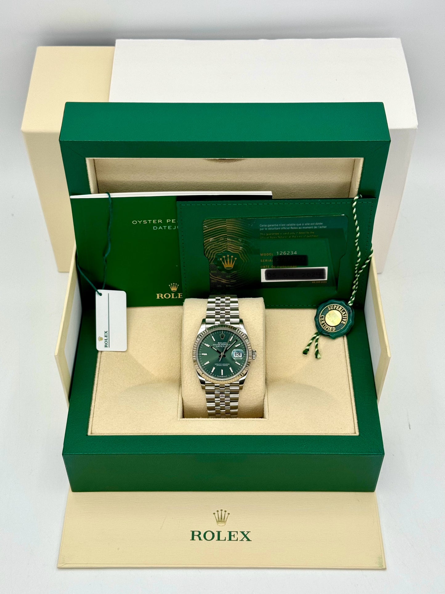 2024 Rolex Datejust 36mm 126234 Stainless Steel Jubilee Green Dial