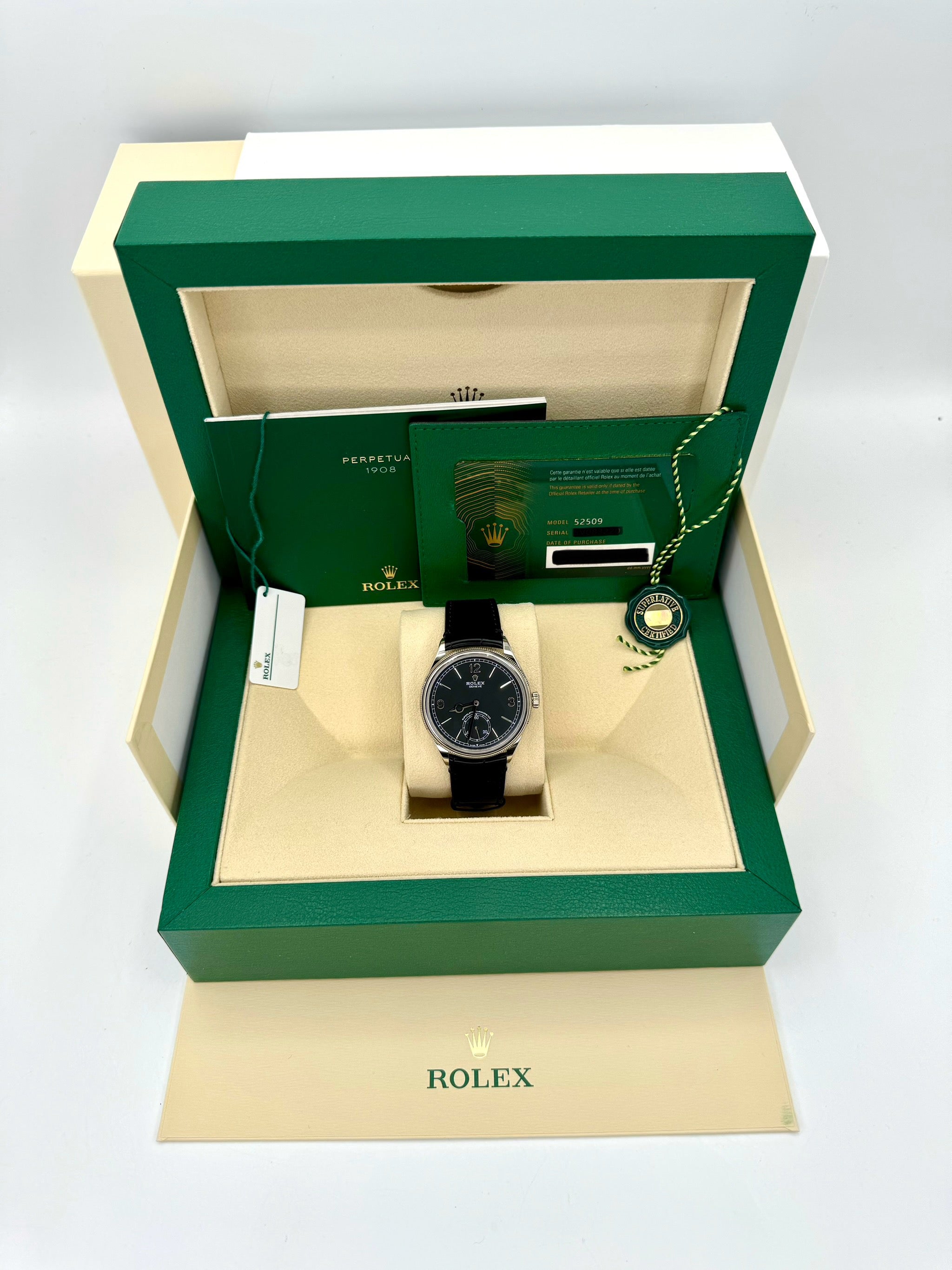 NEW 2024 Rolex 1908 39mm 52509 18k White Gold Black Dial MyWatchLLC