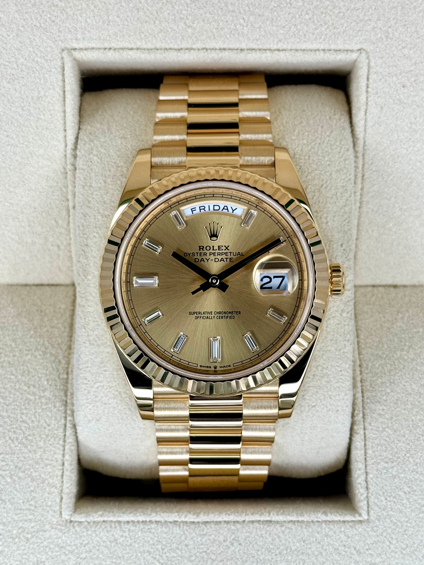 2023 Rolex Day-Date 40mm 228238 Champagne Diamond Baguette Dial