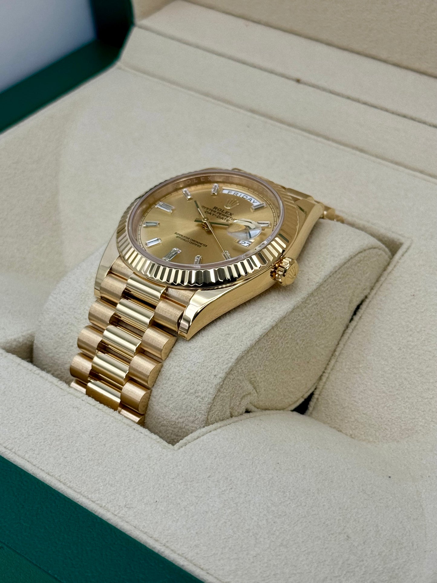 2023 Rolex Day-Date 40mm 228238 Champagne Diamond Baguette Dial