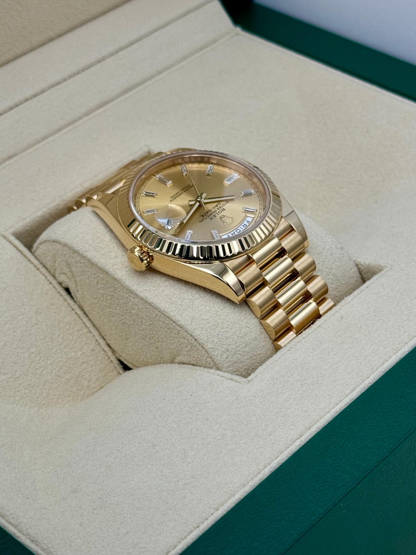 2023 Rolex Day-Date 40mm 228238 Champagne Diamond Baguette Dial