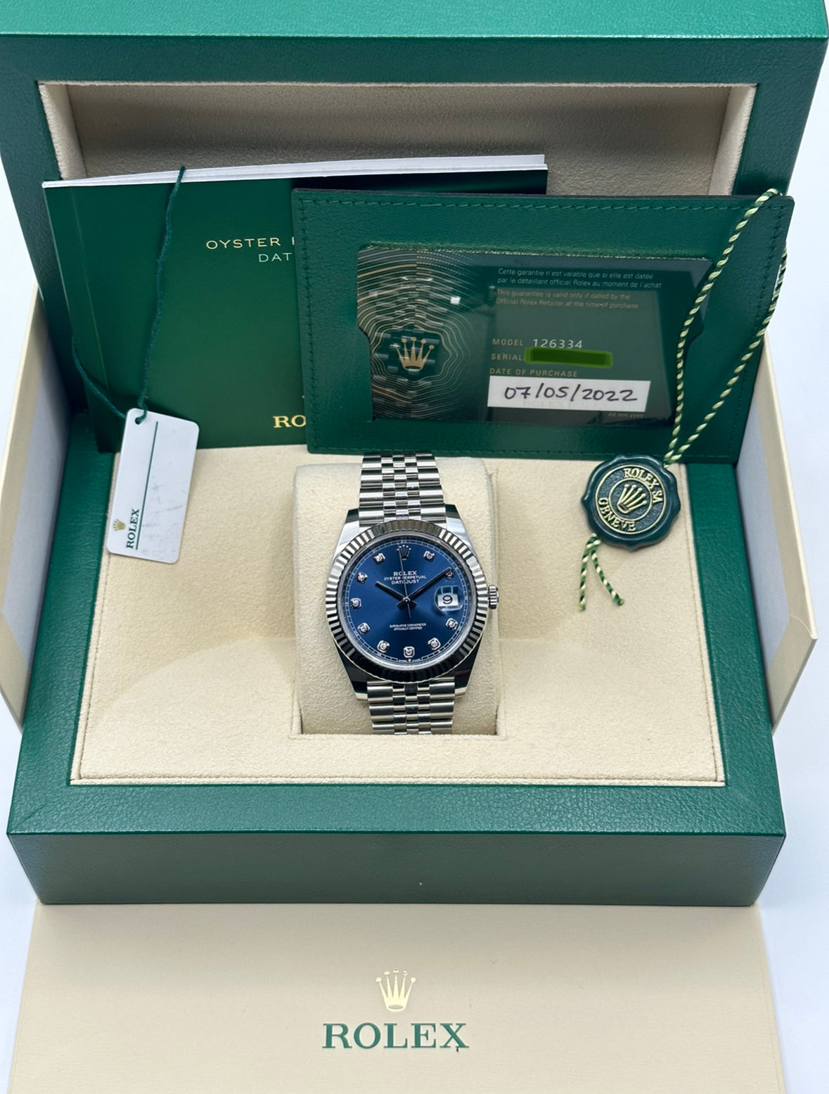 2022 Rolex Datejust 41mm 126334 Stainless Steel Jubilee Dlue Diamond Dial - MyWatchLLC