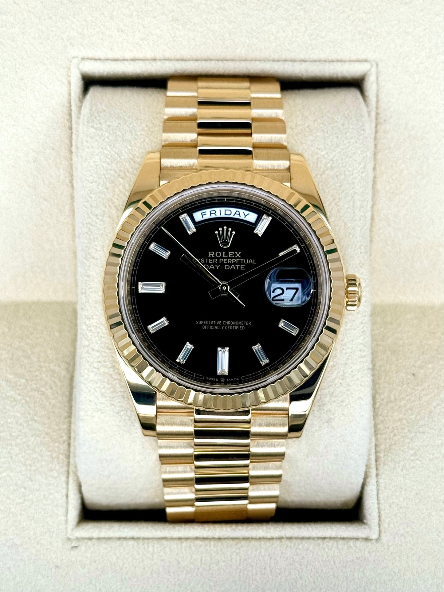 2023 Rolex Day-Date 40mm 228238 Black Diamond Baguette Dial