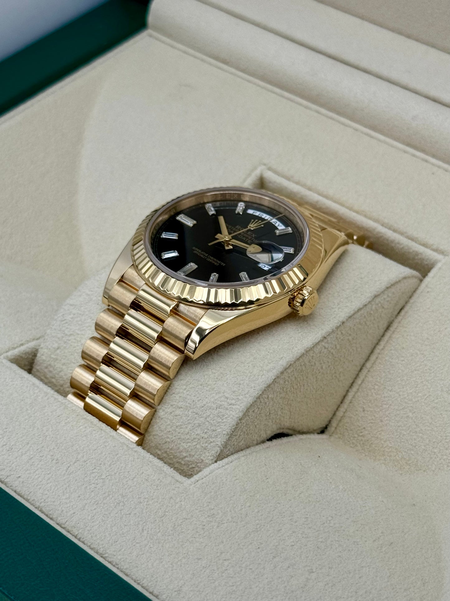 2023 Rolex Day-Date 40mm 228238 Black Diamond Baguette Dial