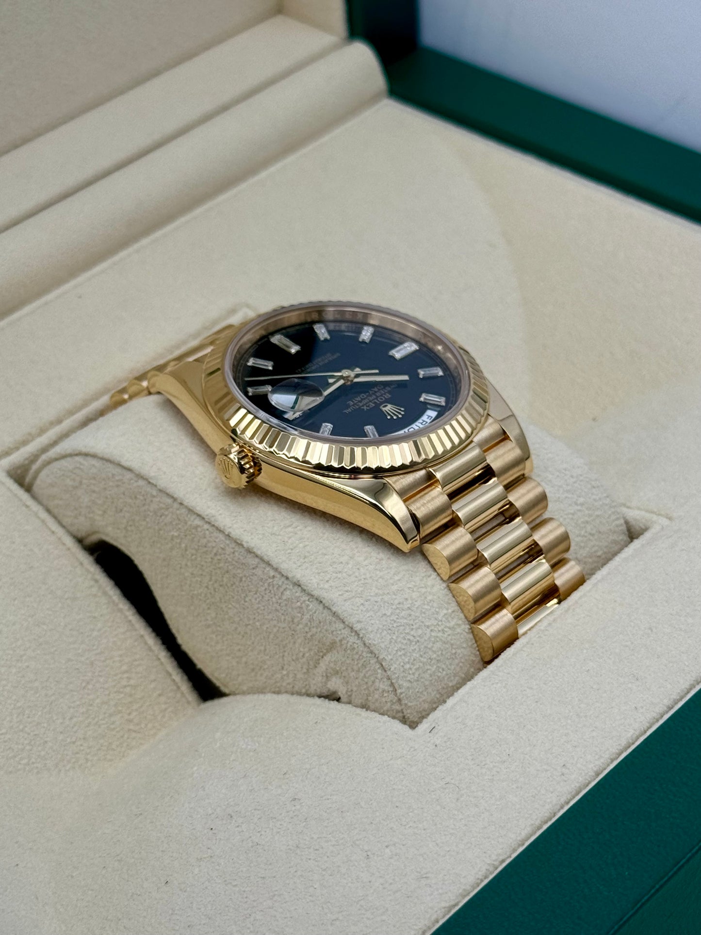 2023 Rolex Day-Date 40mm 228238 Black Diamond Baguette Dial