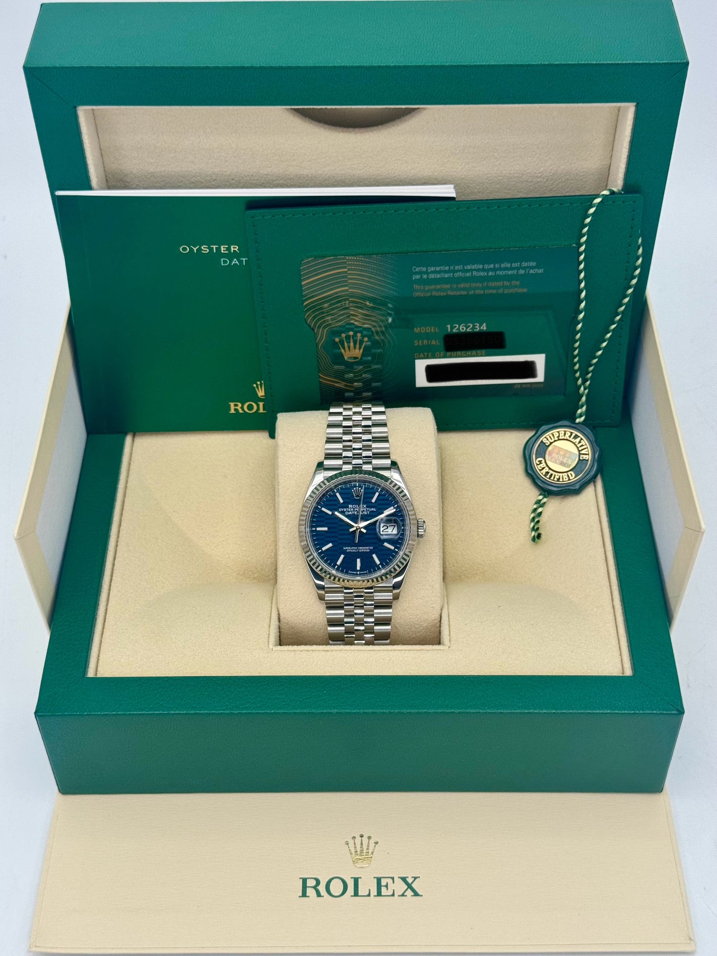 2023 Datejust 36mm 126234 Stainless Steel Jubilee Blue Motif Dial