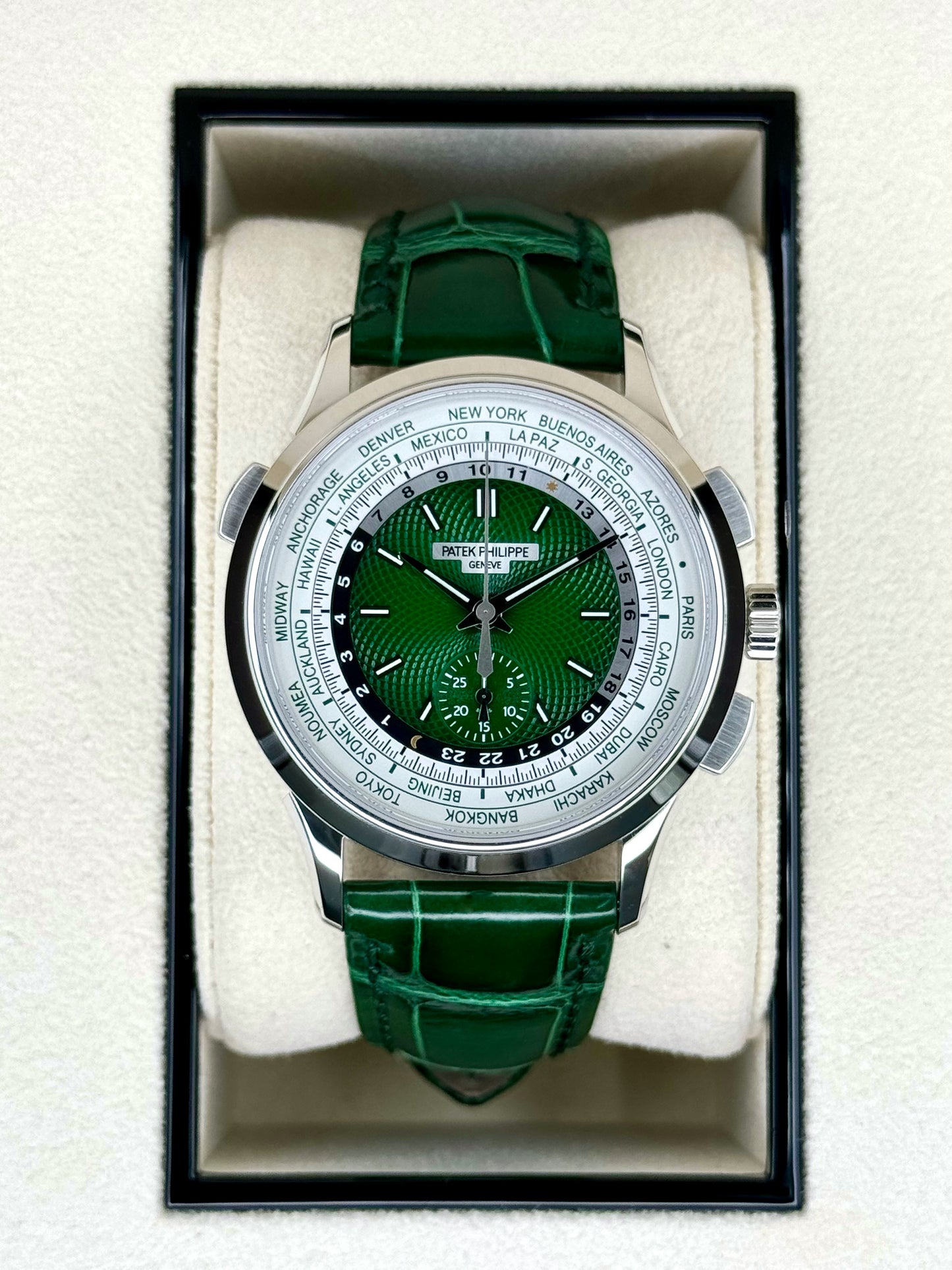 NEW 2023 Patek Philippe 5930P World Time Flyback Chronograph Platinum Green Dial