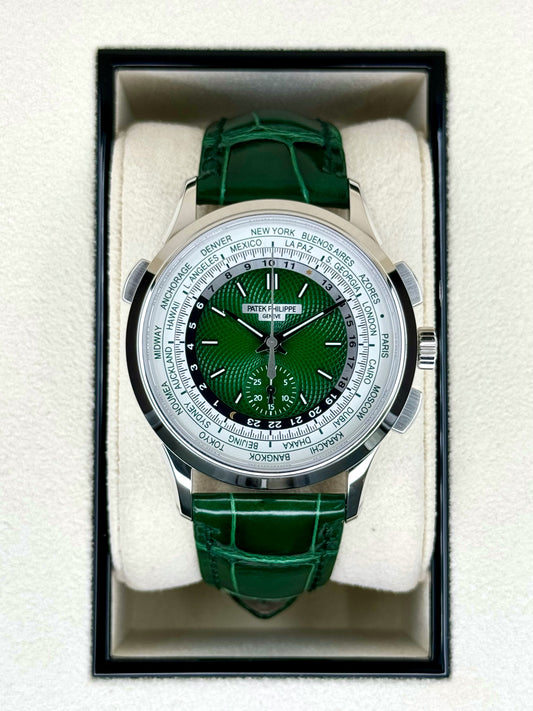 NEW 2023 Patek Philippe 5930P World Time Flyback Chronograph Platinum Green Dial