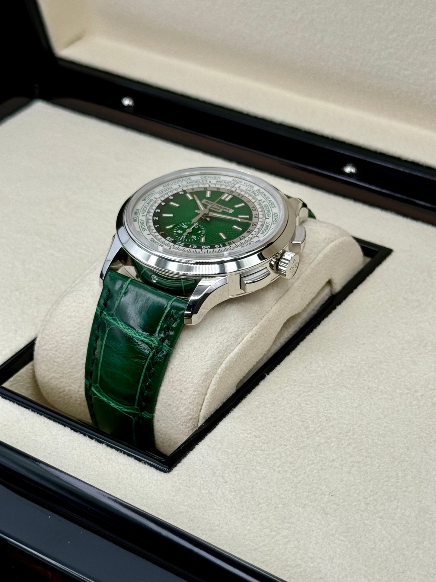 NEW 2023 Patek Philippe 5930P World Time Flyback Chronograph Platinum Green Dial