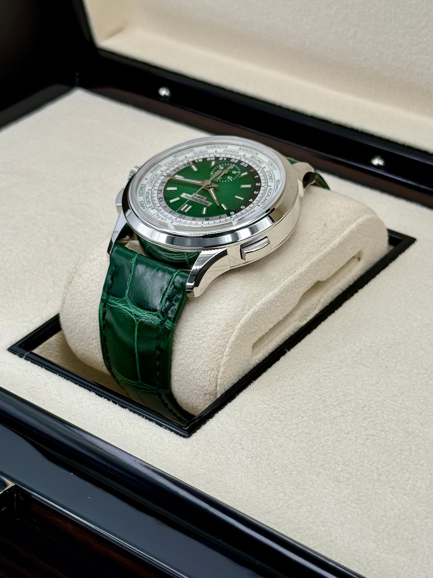 NEW 2023 Patek Philippe 5930P World Time Flyback Chronograph Platinum Green Dial