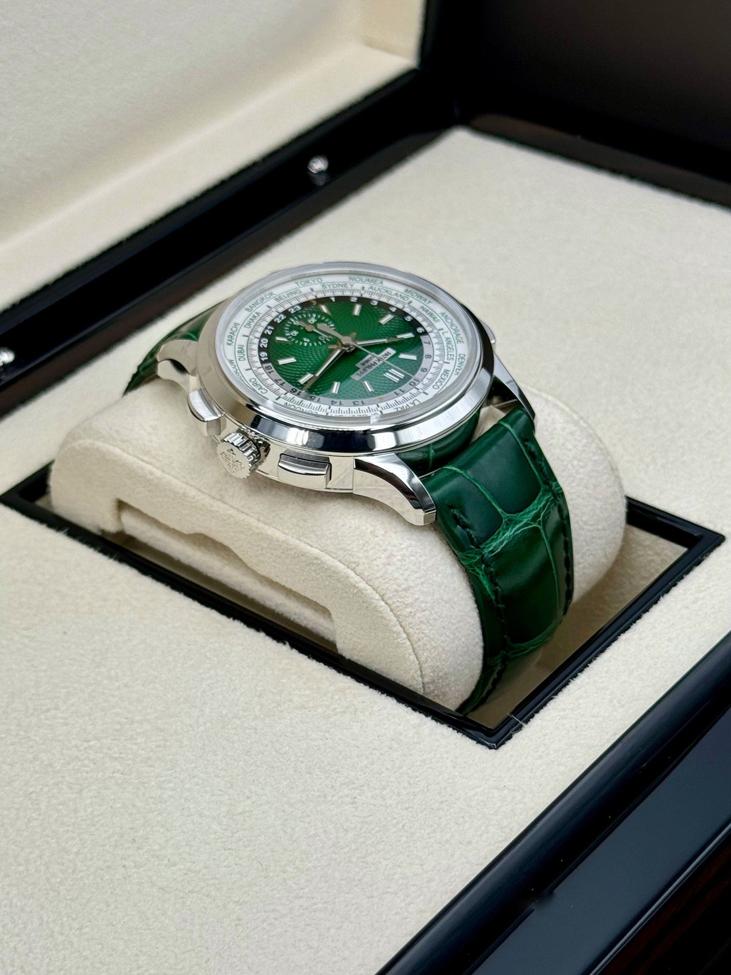 NEW 2023 Patek Philippe 5930P World Time Flyback Chronograph Platinum Green Dial