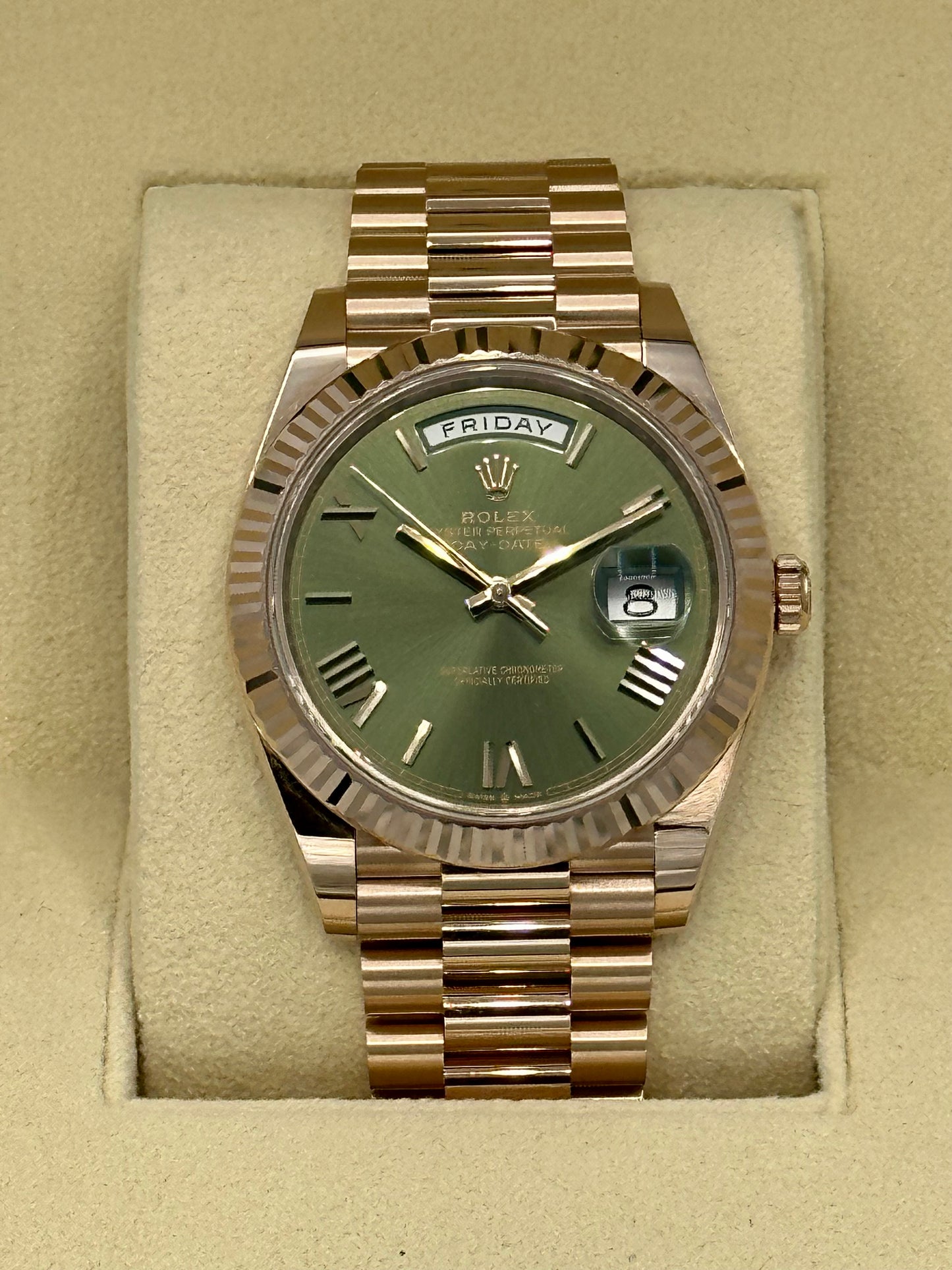2023 Rolex Day-Date Presidential Rose Gold Olive Roman Numeral Dial - MyWatchLLC