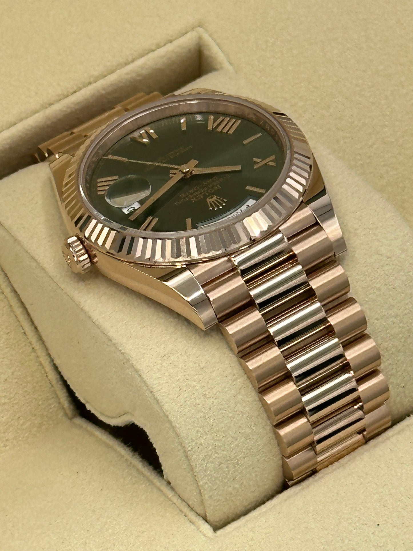 2023 Rolex Day-Date Presidential Rose Gold Olive Roman Numeral Dial - MyWatchLLC