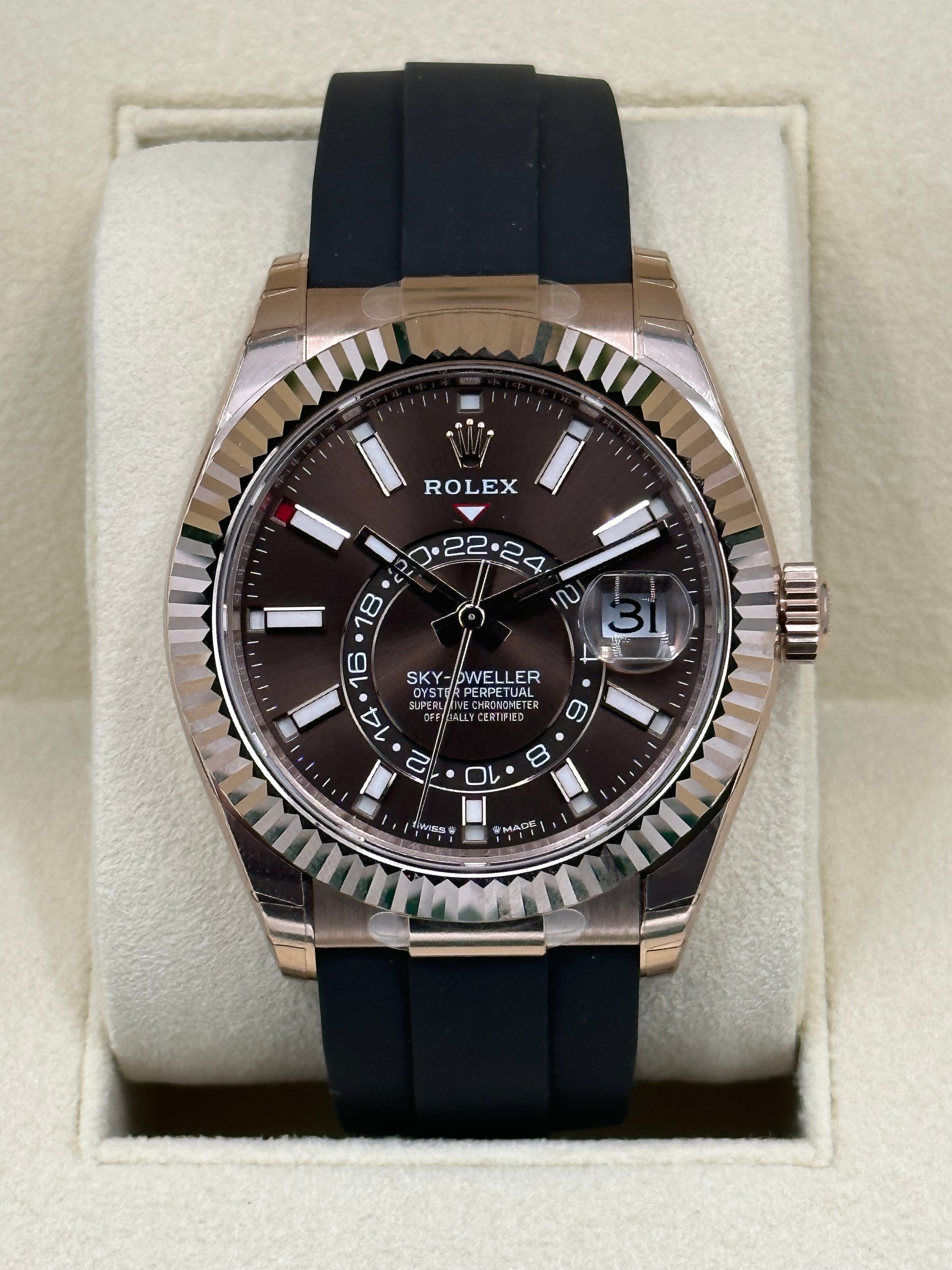 NEW 2023 Rolex Sky-Dweller 336235 Rose Gold Oysterflex Chocolate Dial - MyWatchLLC