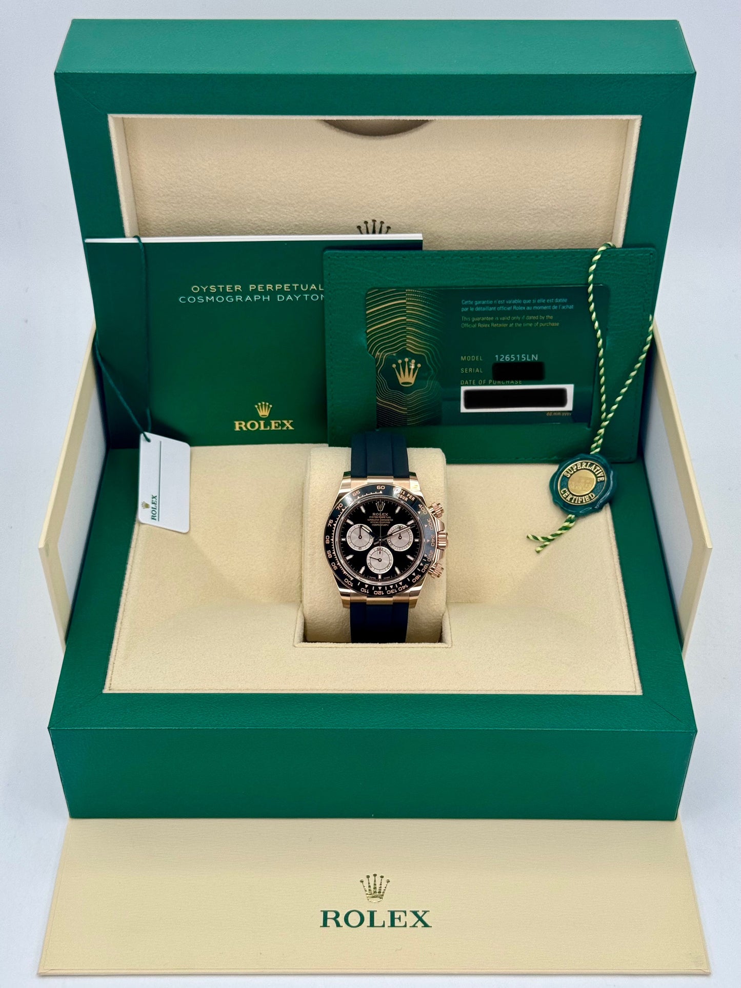 NEW 2024 Rolex Daytona 40mm 126515LN Rose Gold Oysterflex Black Dial Dial