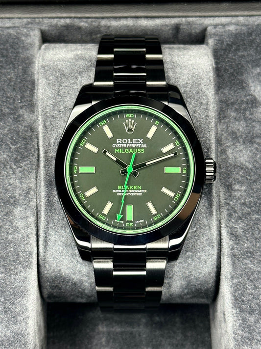 NEW 2023 Rolex Milgauss "Blaken" 40mm 116400GV DLC Black Green Viper - MyWatchLLC