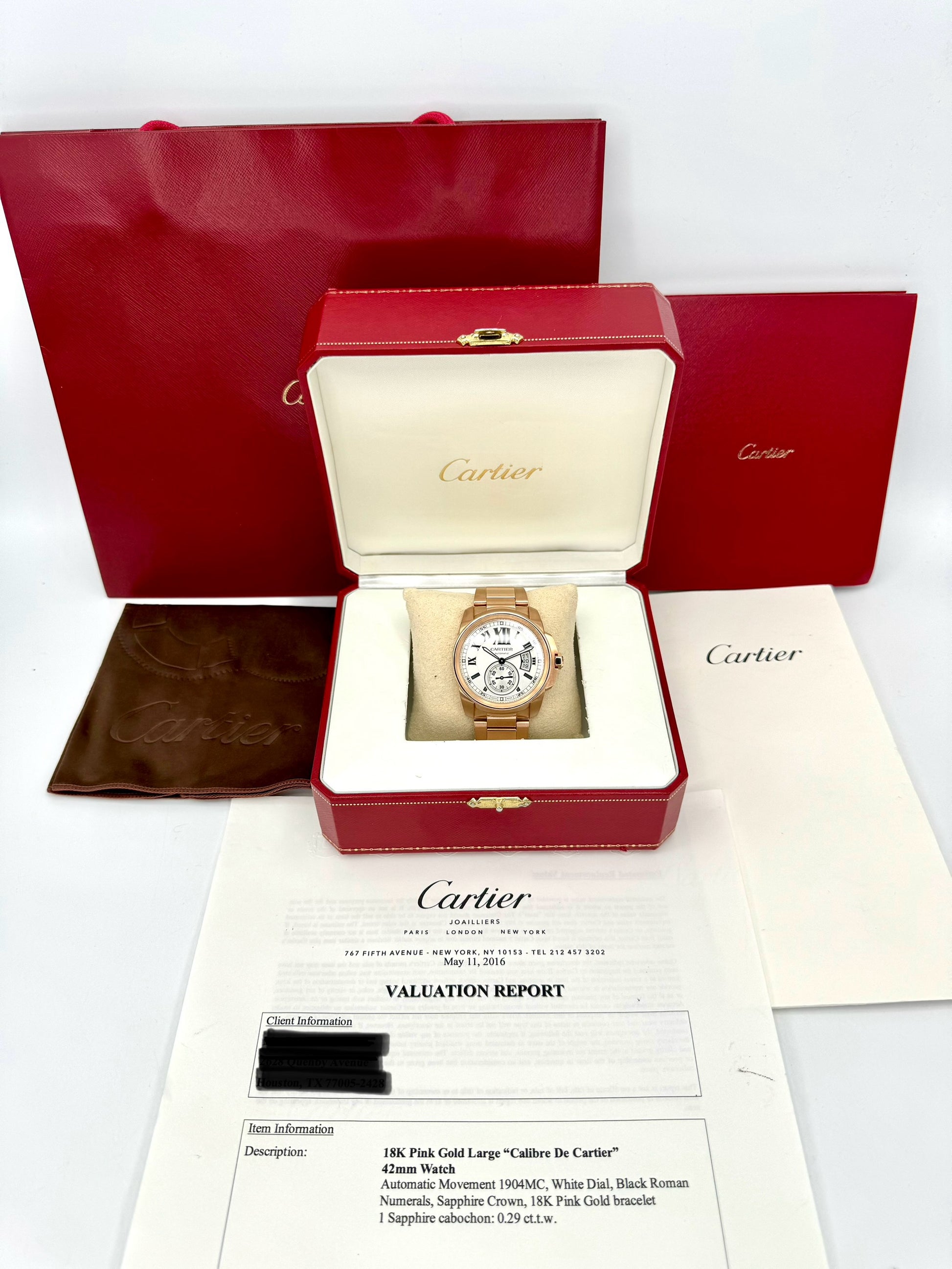 2016 Cartier Calibre de Cartier 42mm W7100018 Rose Gold White Dial - MyWatchLLC