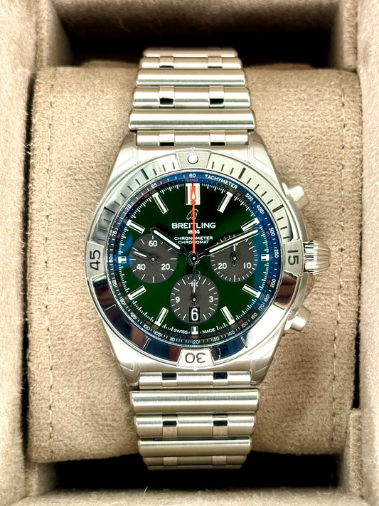 NEW 2023 Breitling Chronomat B01 42 AB0134 Stainless Steel Green Dial - MyWatchLLC