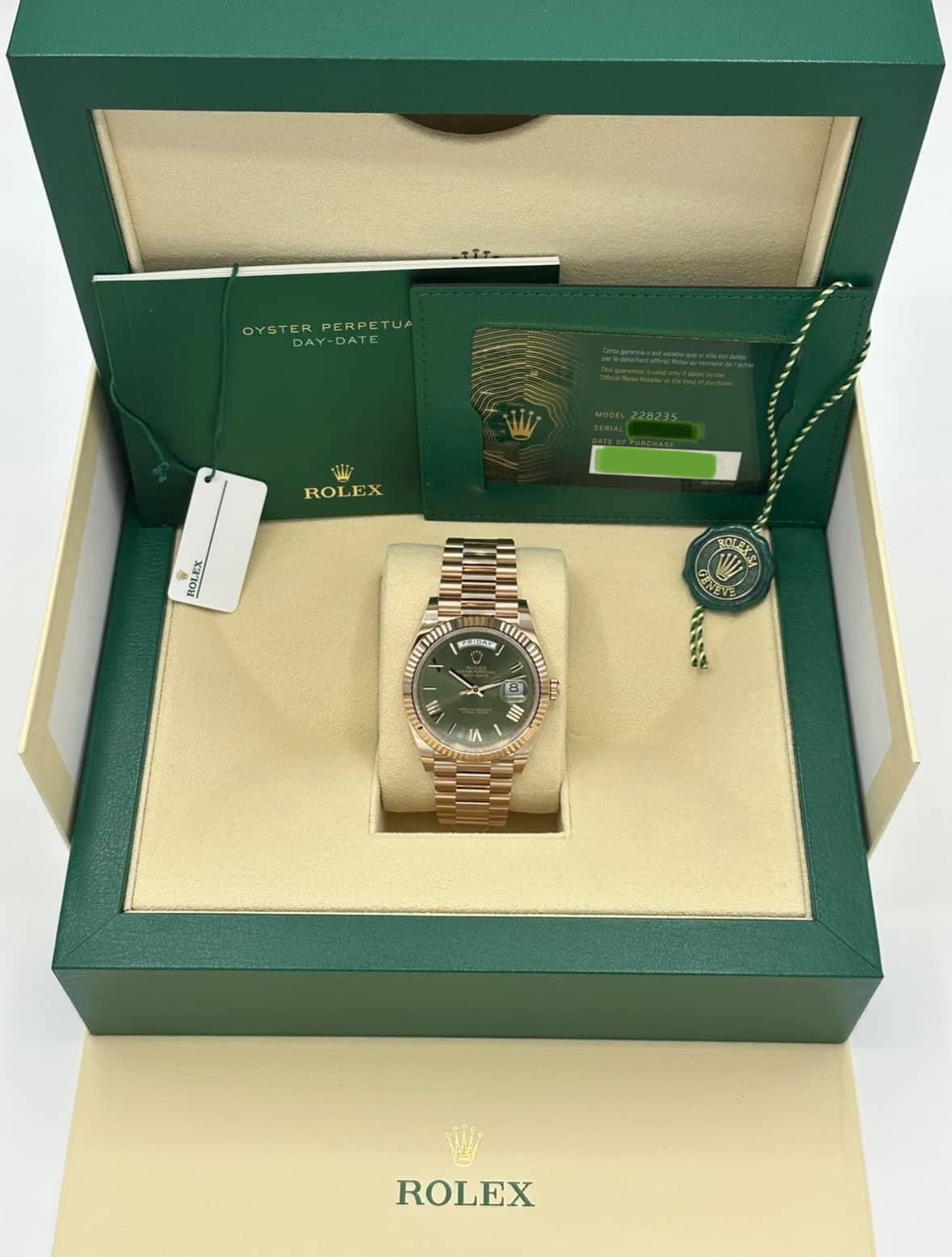 NEW 2023 Rolex Day-Date 40mm 228235 Rose Gold Olive Roman Numeral Dial - MyWatchLLC