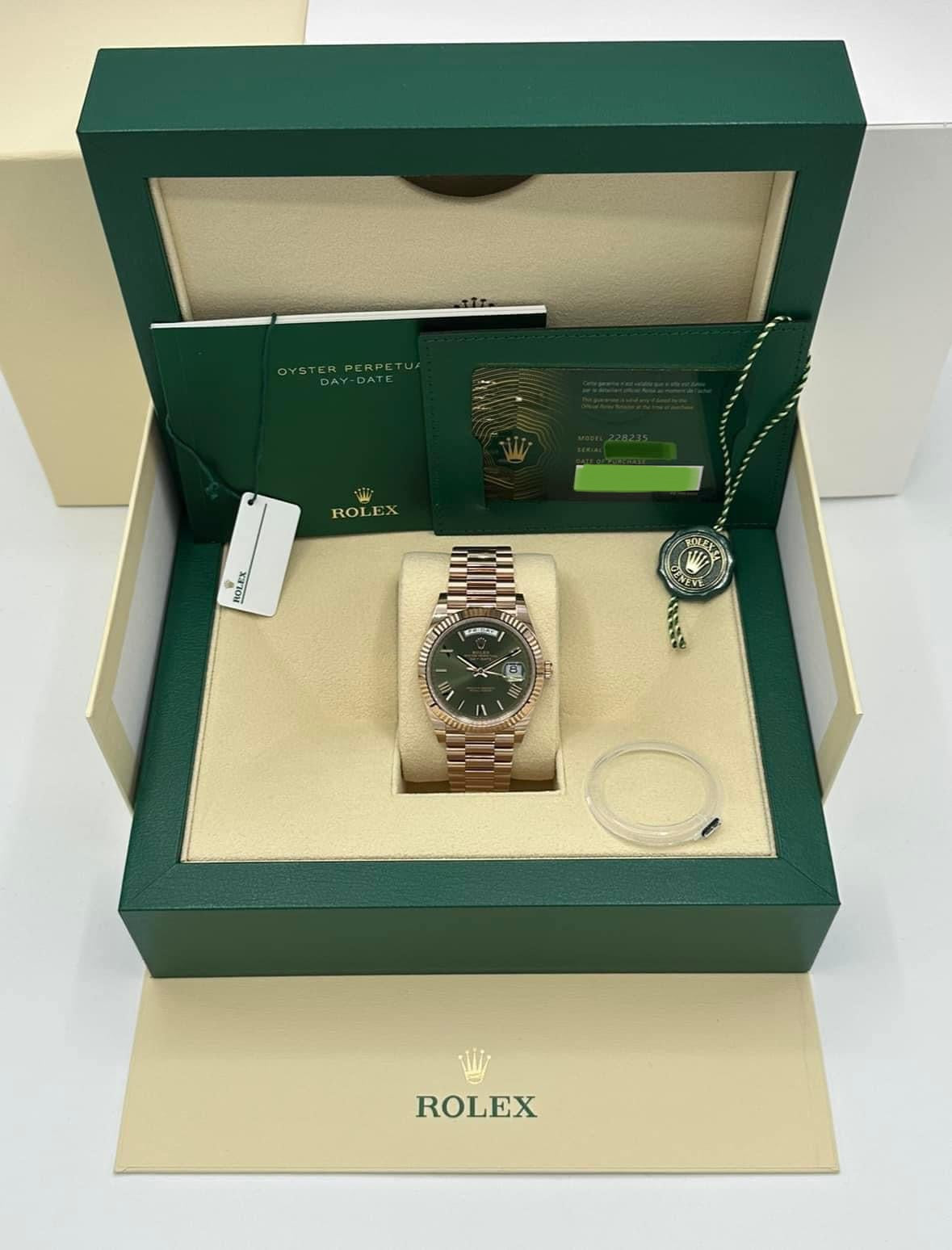 NEW 2023 Rolex Day-Date 40mm 228235 Rose Gold Olive Roman Numeral Dial - MyWatchLLC