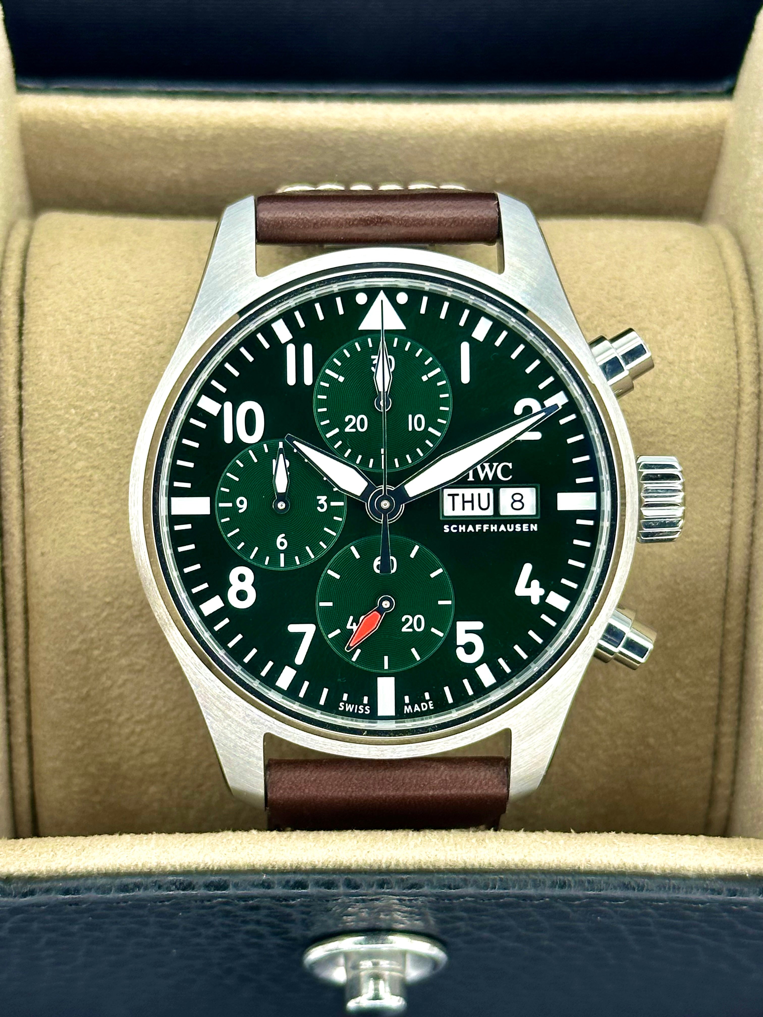 NEW 2023 IWC Pilot s Chronograph 41mm IW388103 Stainless Steel Green Dial MyWatchLLC