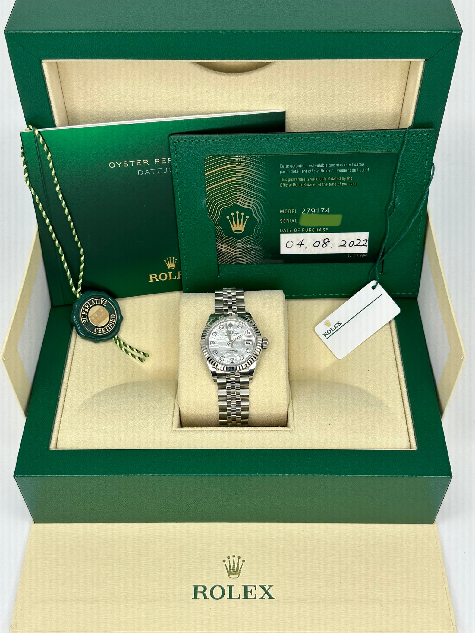2022 Rolex Lady-Datejust 28mm 279174 Jubilee Mother of Pearl Diamond Dial - MyWatchLLC