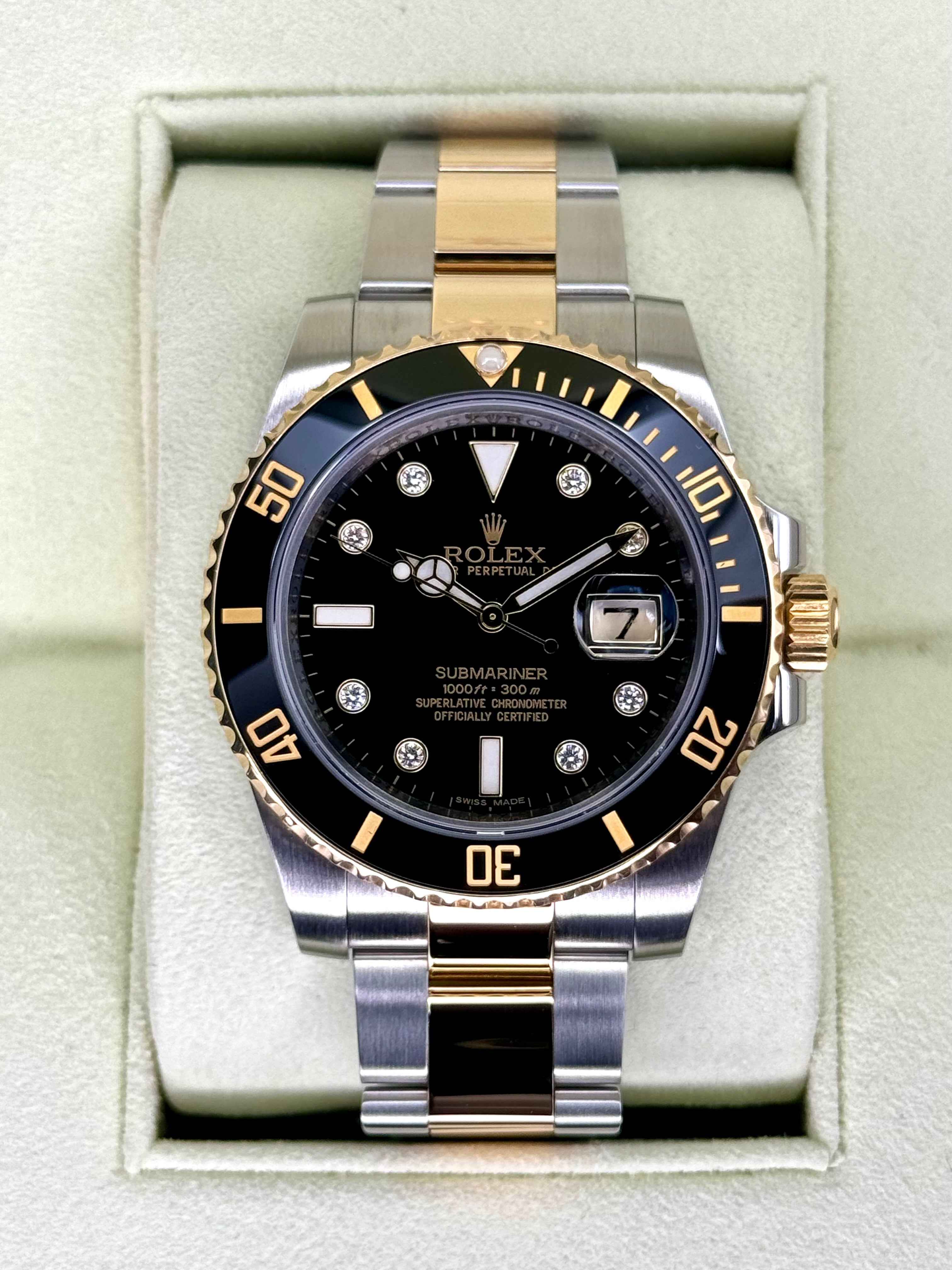 2015 Rolex Submariner 40mm 116613N Two Tone Black Serti Diamond Dial MyWatchLLC