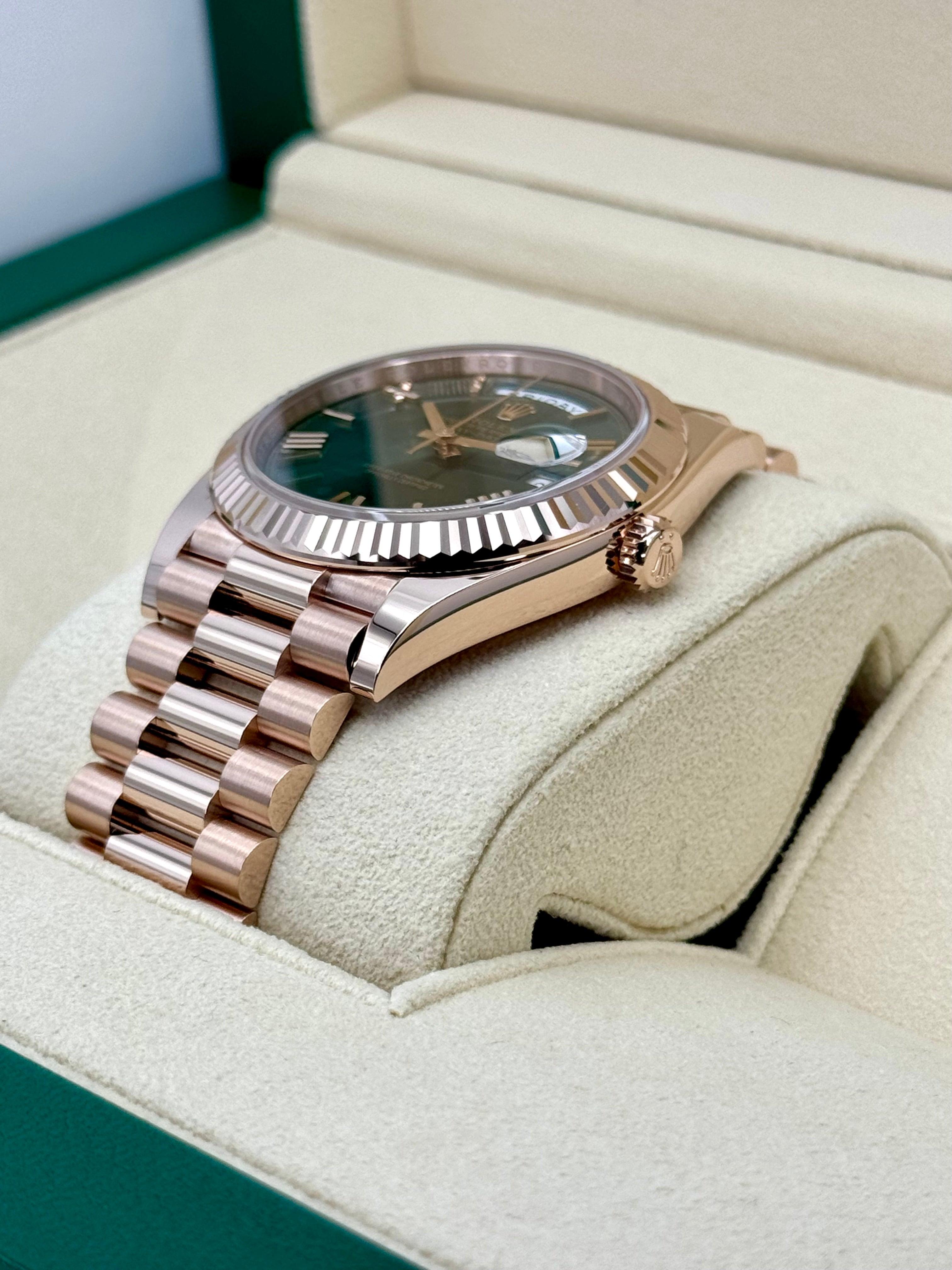 NEW 2024 Rolex Day Date 40mm 228235 Presidential Rose Gold Olive Dial MyWatchLLC