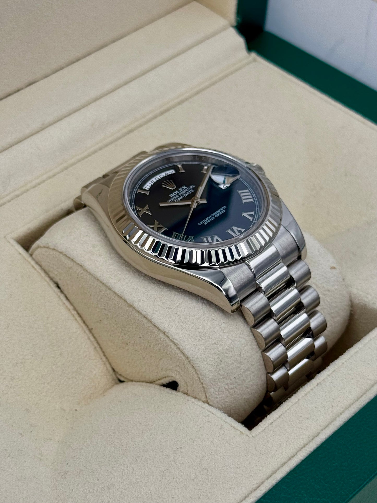 2015 Rolex Day-Date II 41mm 218239 White Gold Jubilee Black Dial