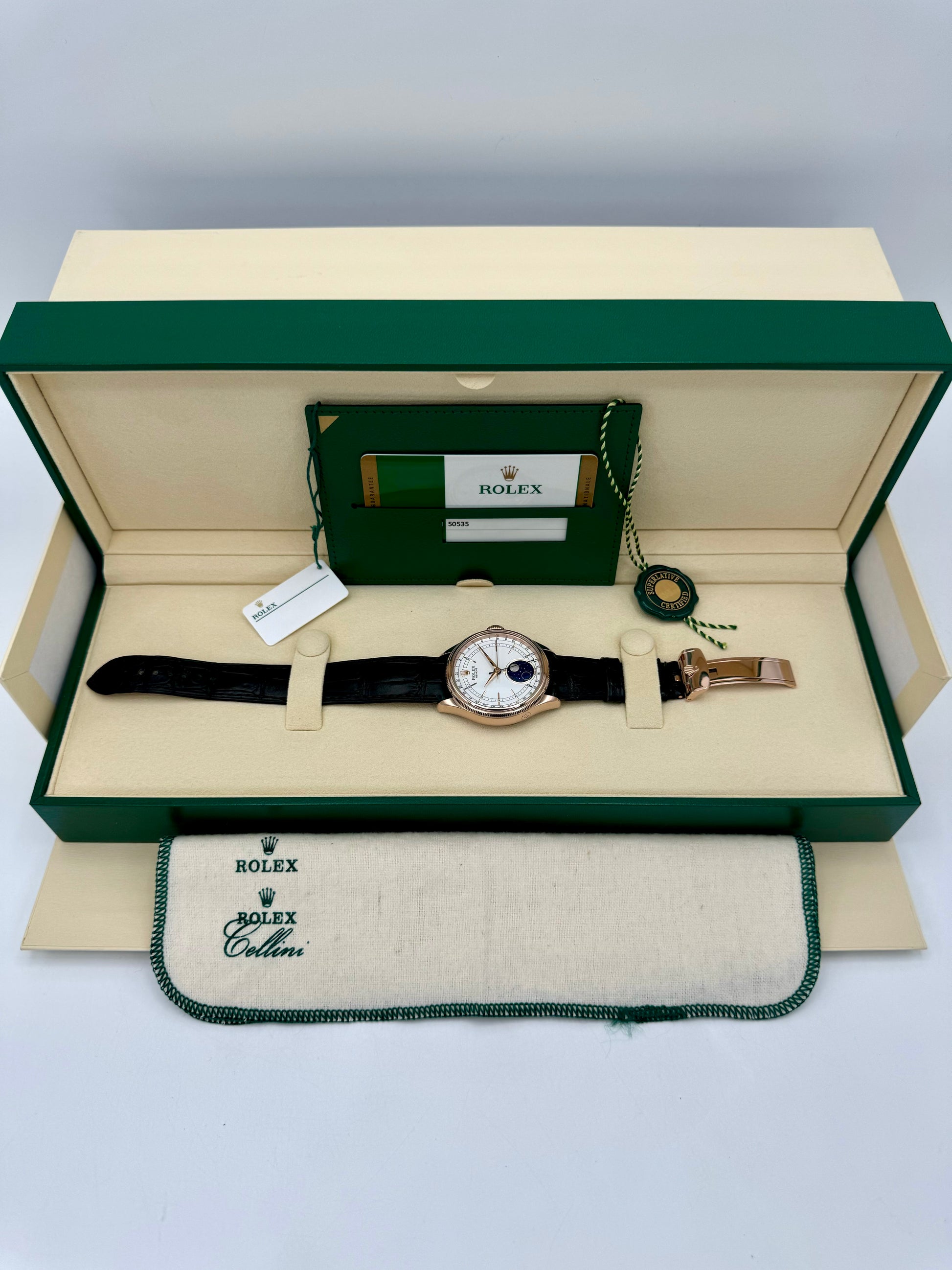 2018 Rolex Cellini Moonphase 39mm 50535 Rose Gold White Dial - MyWatchLLC