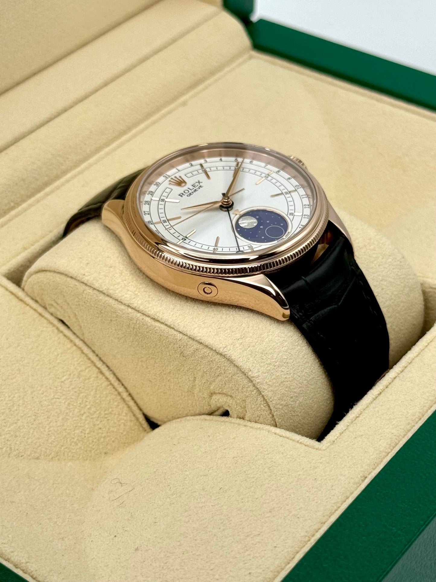 2018 Rolex Cellini Moonphase 39mm 50535 Rose Gold White Dial