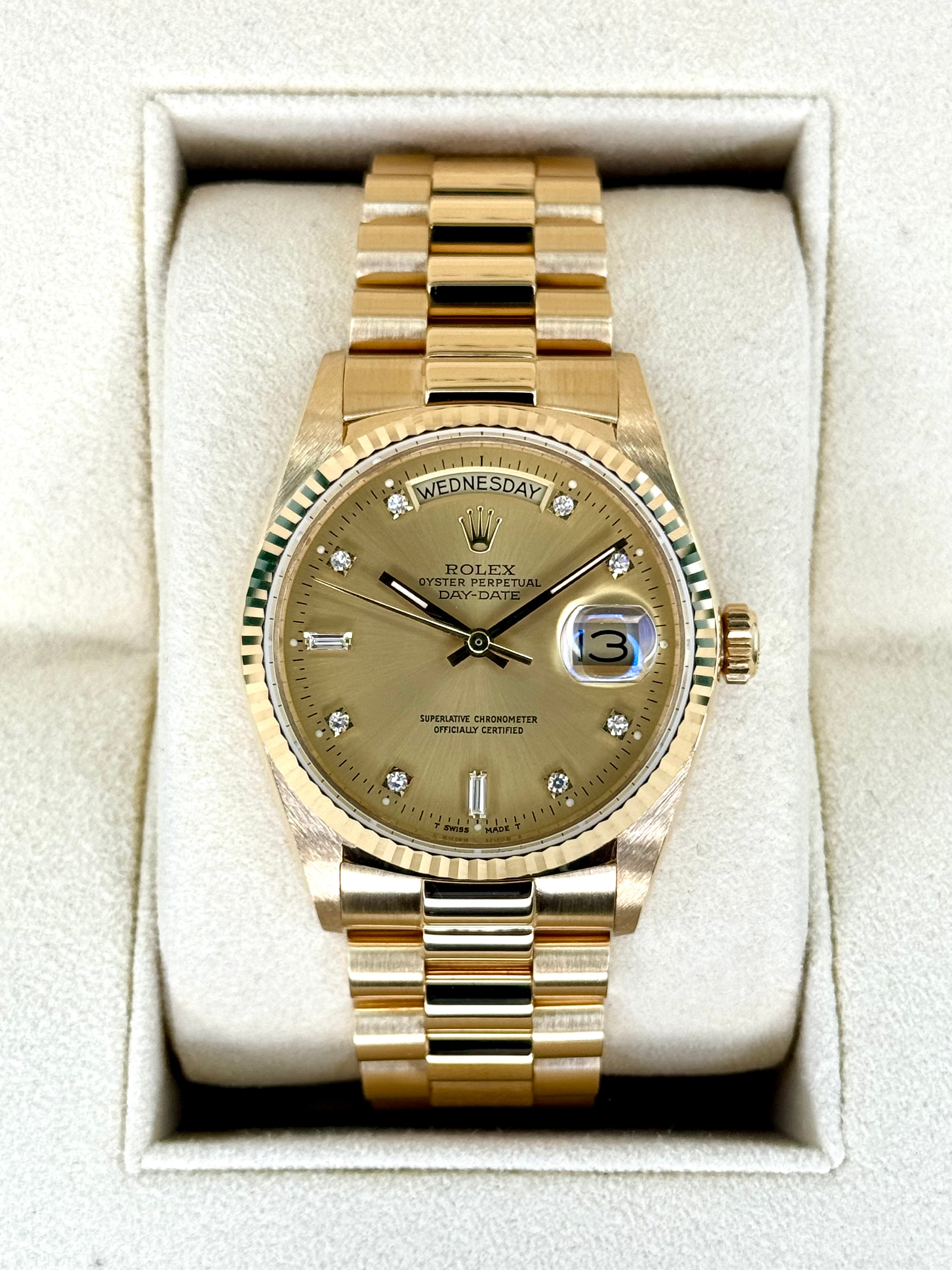 1987 Rolex Day Date 36mm 18038 Presidential Champagne Diamond Dial MyWatchLLC