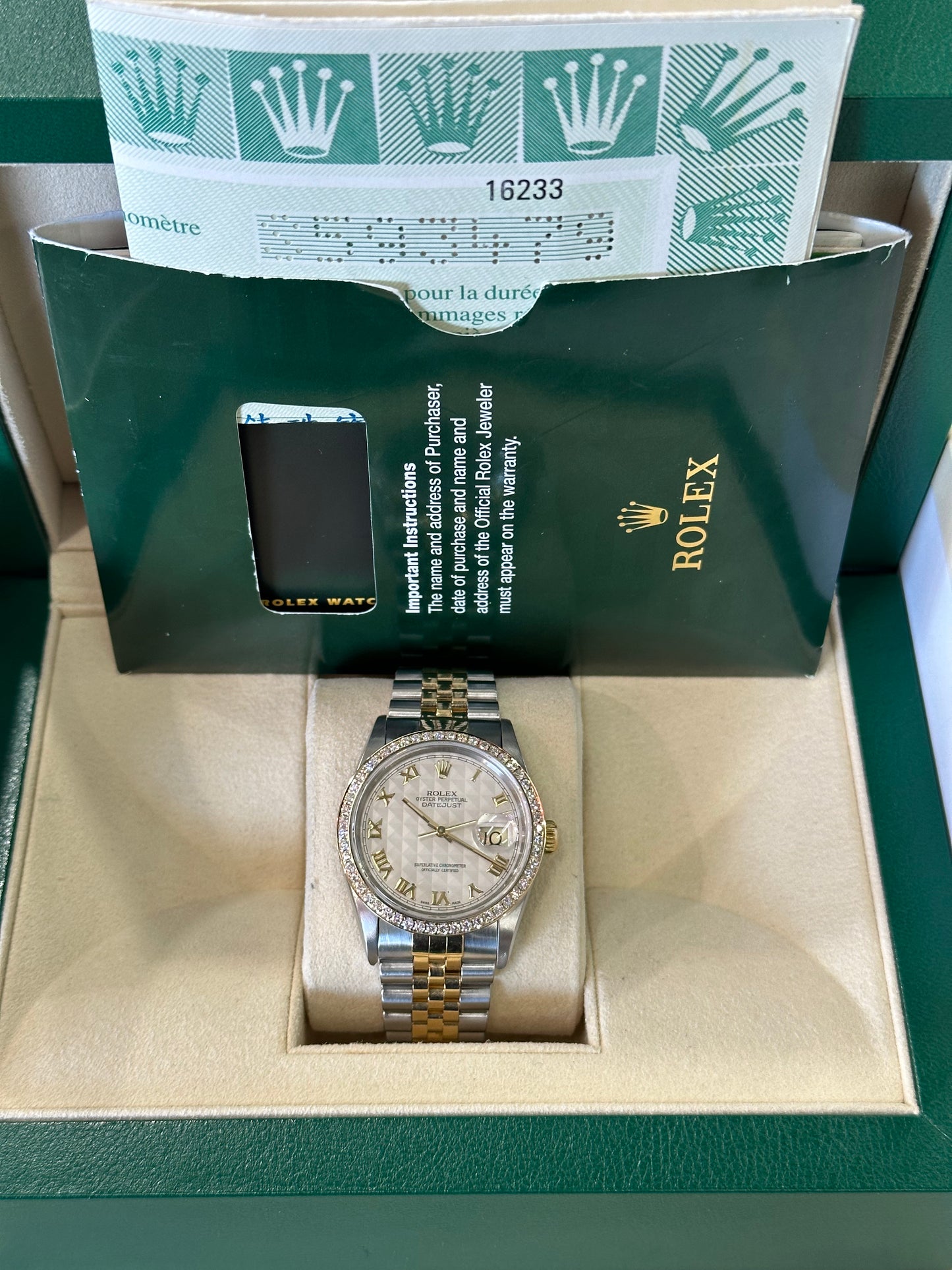 Rolex Datejust 36mm 16233 Two-Tone White Pyramid Roman Numeral Dial - MyWatchLLC