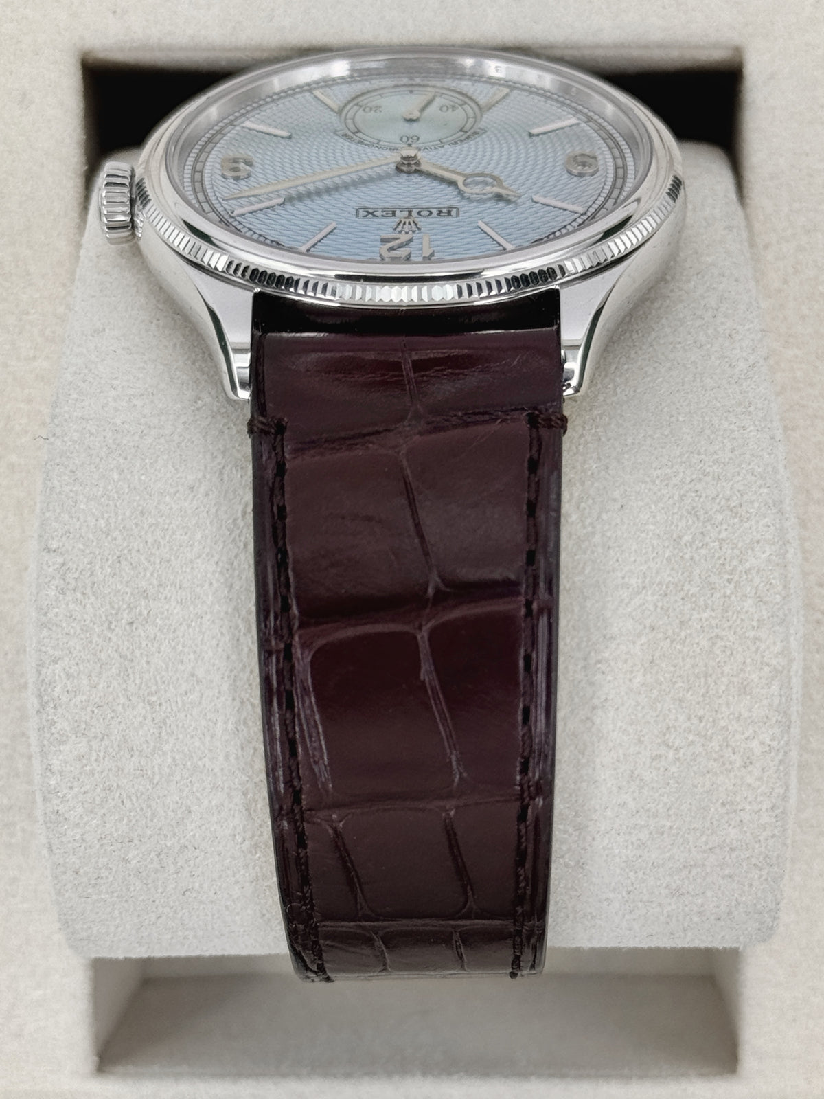 2026 Rolex 1908 39mm 52506 Platinum Ice Blue Dial Brown Strap - MyWatchLLC