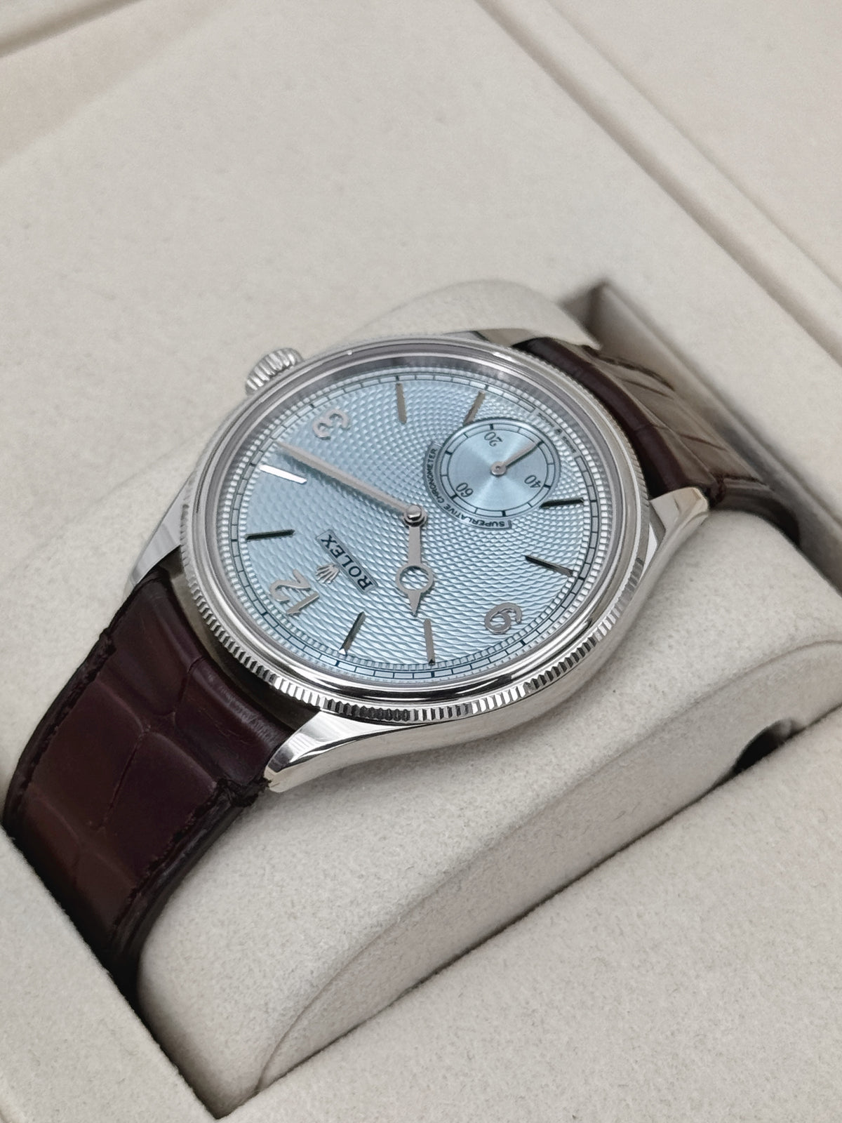 2026 Rolex 1908 39mm 52506 Platinum Ice Blue Dial Brown Strap - MyWatchLLC