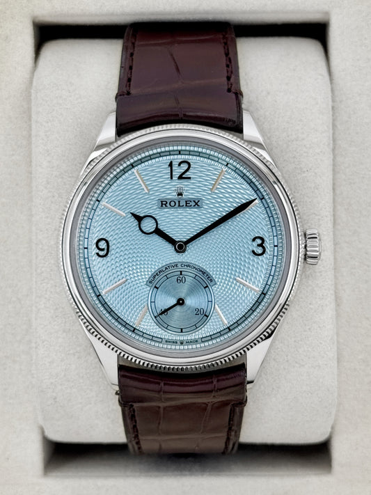 2026 Rolex 1908 39mm 52506 Platinum Ice Blue Dial Brown Strap - MyWatchLLC