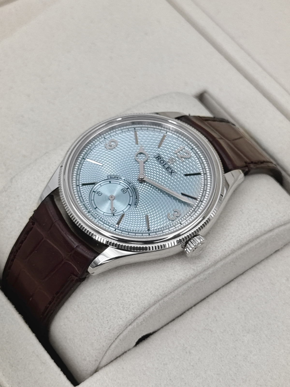 2026 Rolex 1908 39mm 52506 Platinum Ice Blue Dial Brown Strap - MyWatchLLC