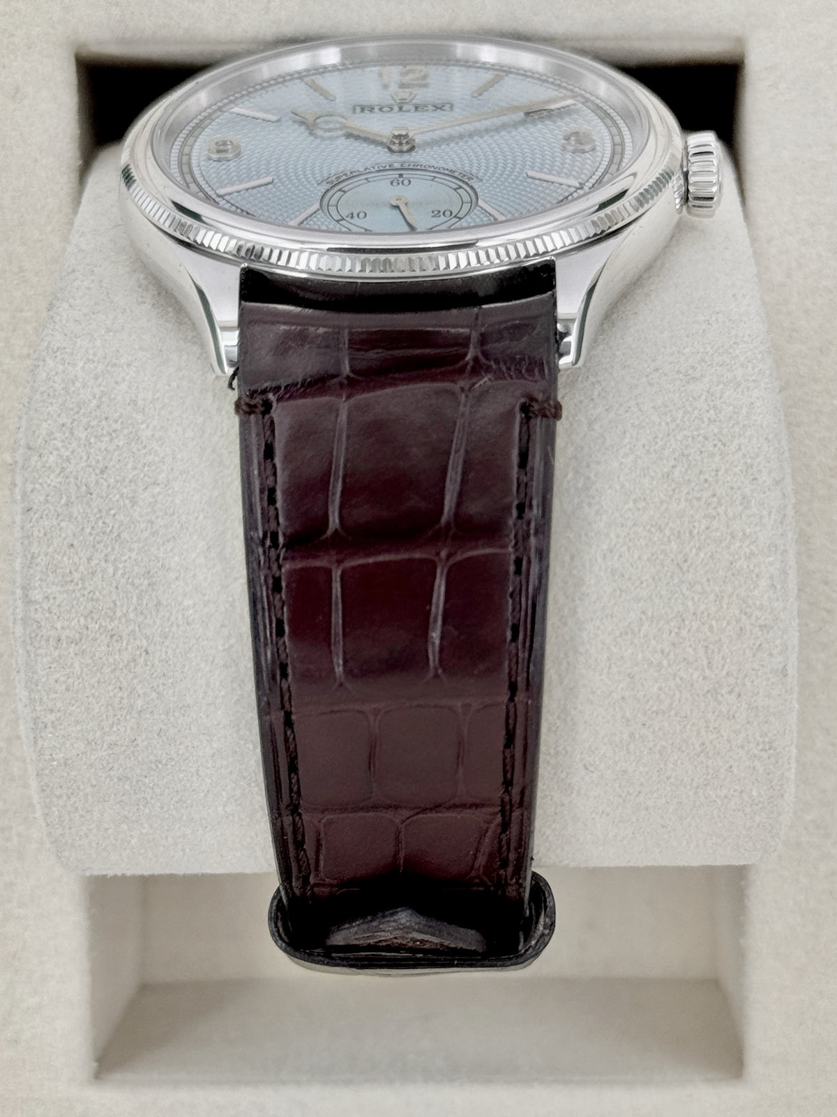 2026 Rolex 1908 39mm 52506 Platinum Ice Blue Dial Brown Strap - MyWatchLLC