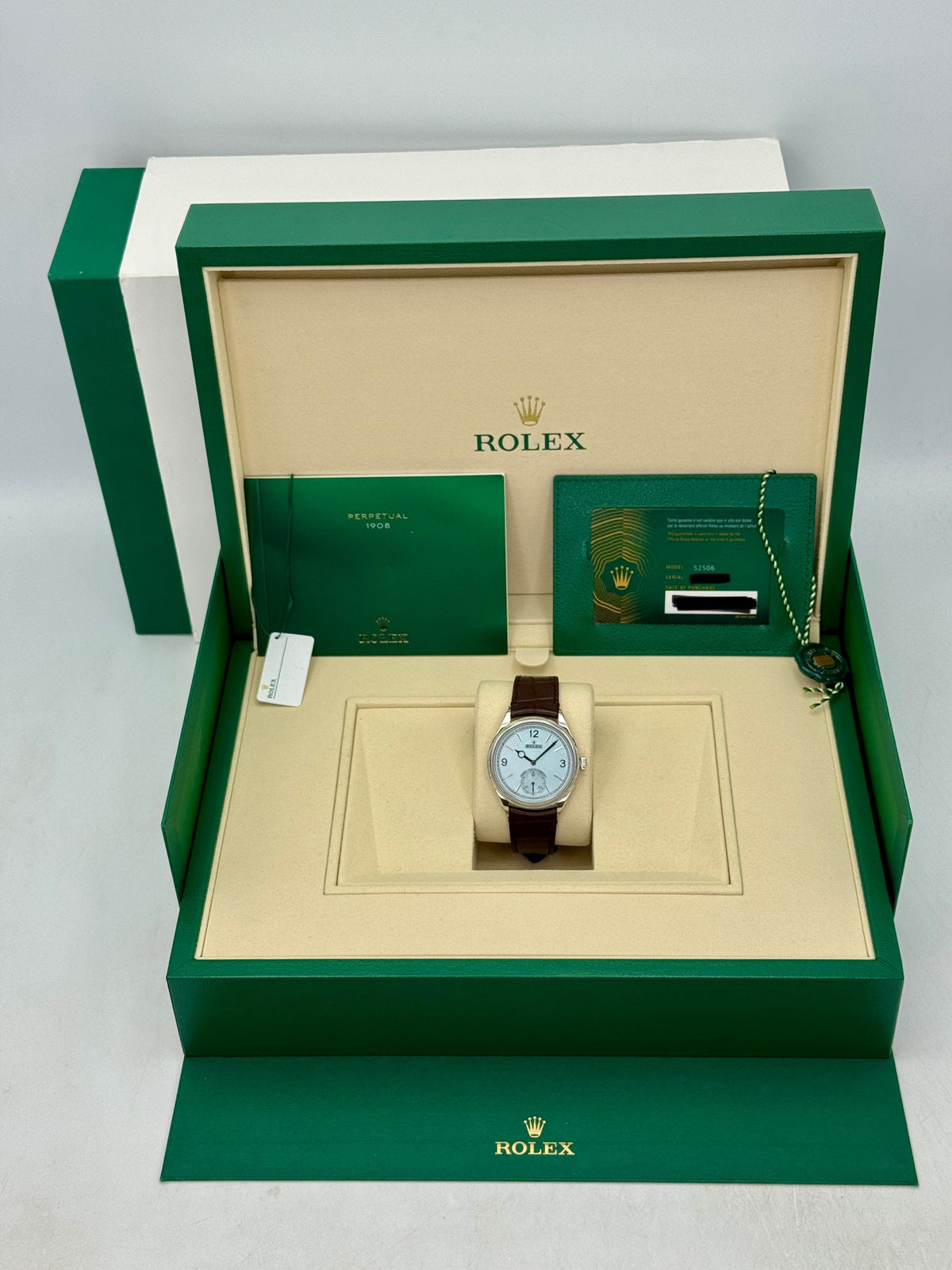 2026 Rolex 1908 39mm 52506 Platinum Ice Blue Dial Brown Strap - MyWatchLLC