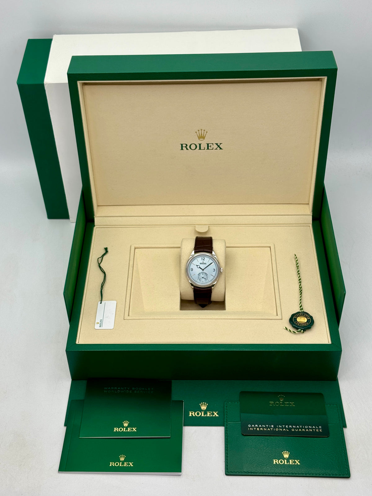 2026 Rolex 1908 39mm 52506 Platinum Ice Blue Dial Brown Strap - MyWatchLLC