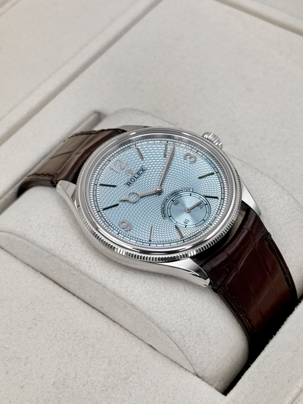 2026 Rolex 1908 39mm 52506 Platinum Ice Blue Dial Brown Strap - MyWatchLLC
