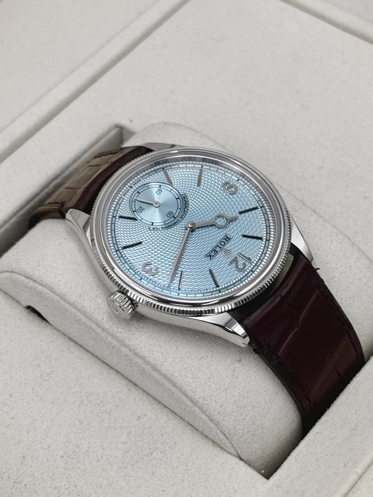 2026 Rolex 1908 39mm 52506 Platinum Ice Blue Dial Brown Strap - MyWatchLLC
